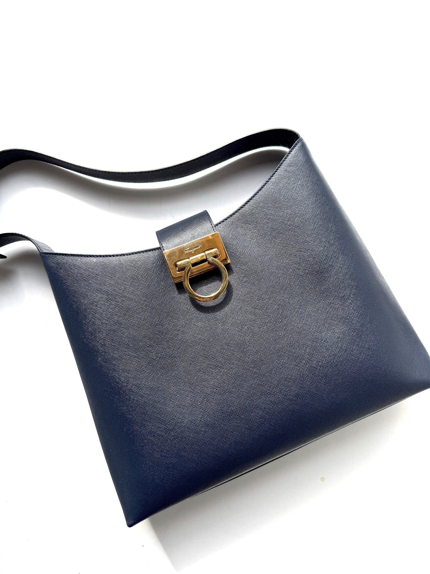 Salvatore Ferragamo Hammered Calfskin Trifolio Gancini Dark Navy Leather Shoulder Bag