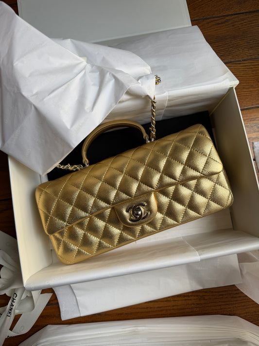 Chanel Long Gold Top Handle Quilted Caviar Leather Clutch Crossbody Bag
