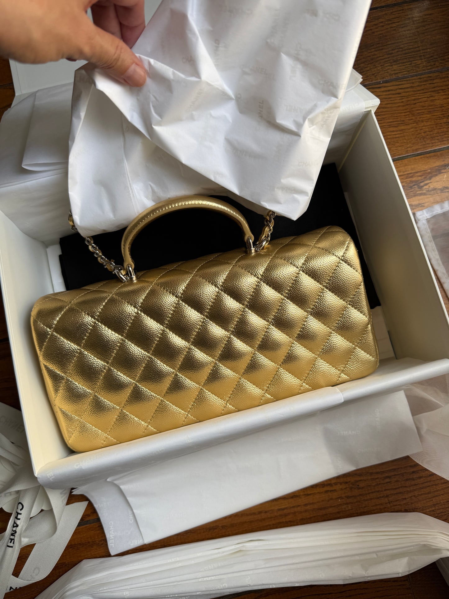 Chanel Long Gold Top Handle Quilted Caviar Leather Clutch Crossbody Bag