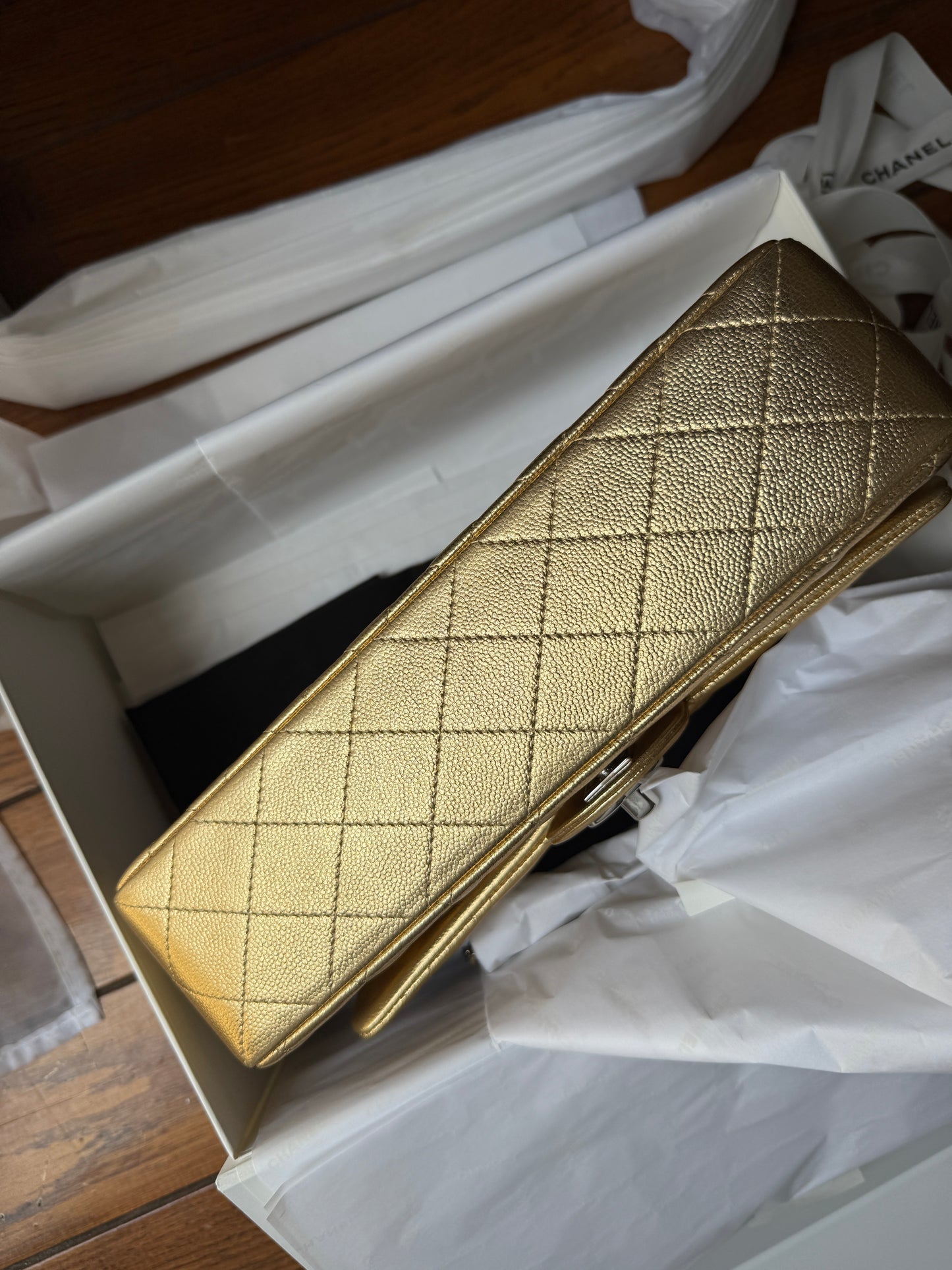 Chanel Long Gold Top Handle Quilted Caviar Leather Clutch Crossbody Bag