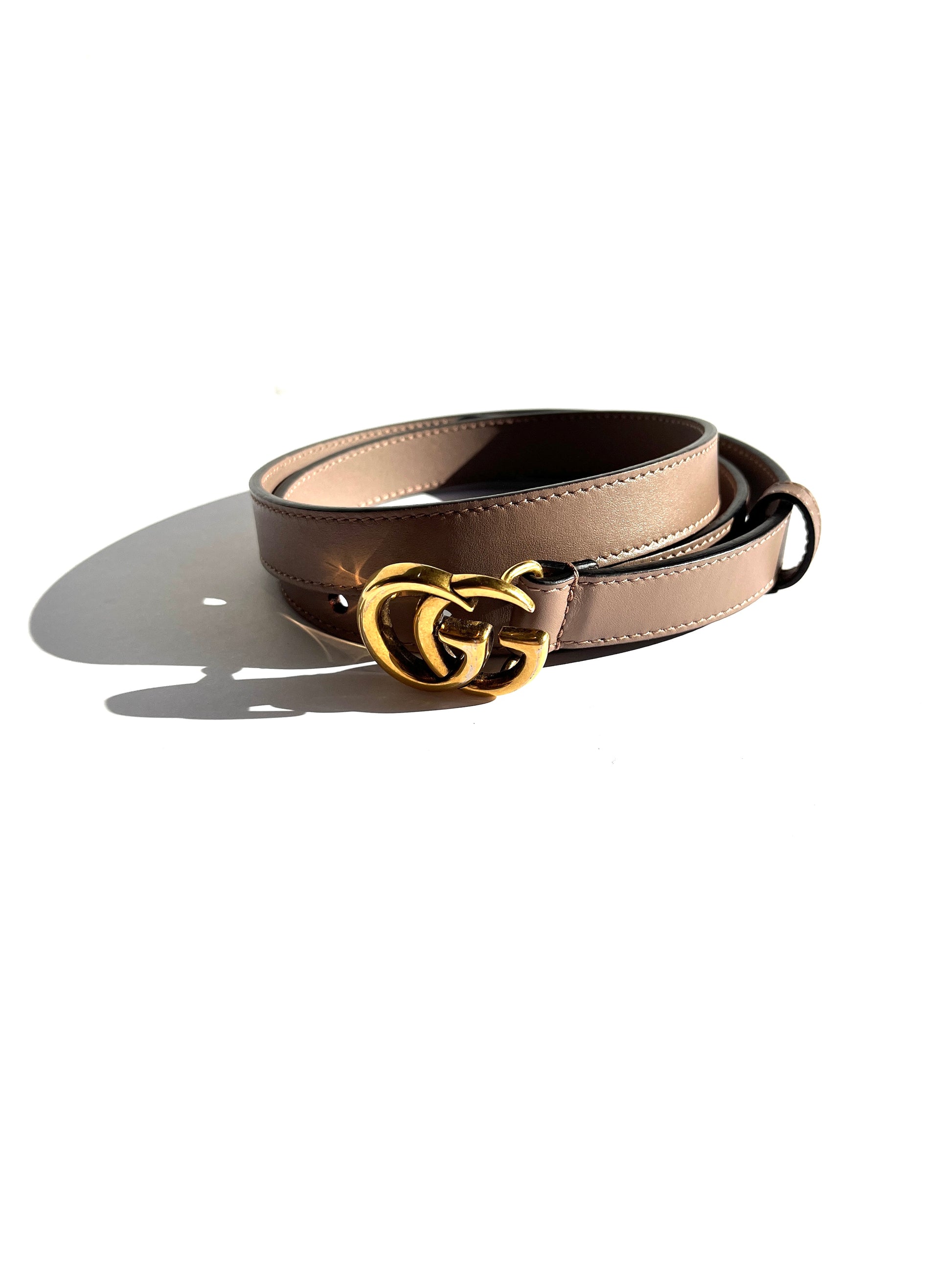 GUCCI Marmont Taupe Leather Double GG Thin Skinny Belt 85 34