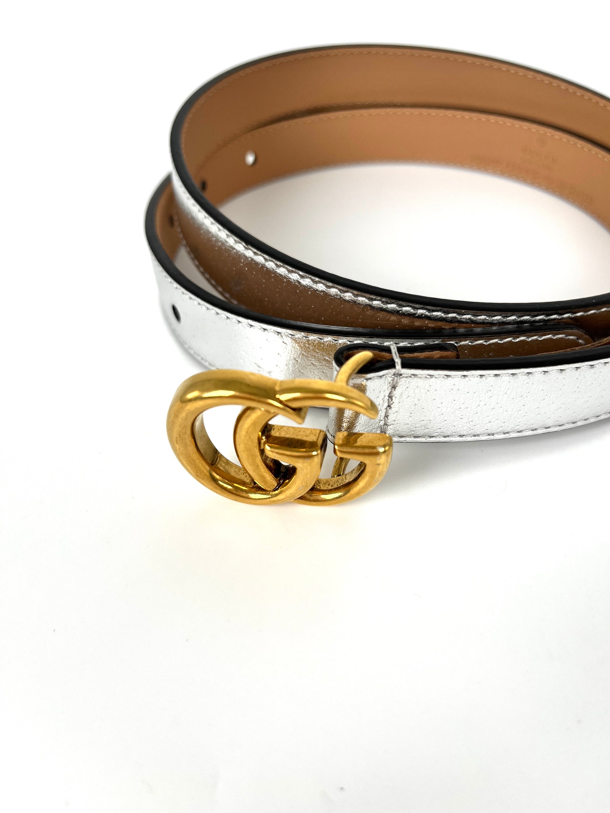 GUCCI Marmont Silver Leather Double GG Thin Skinny Belt 80 32