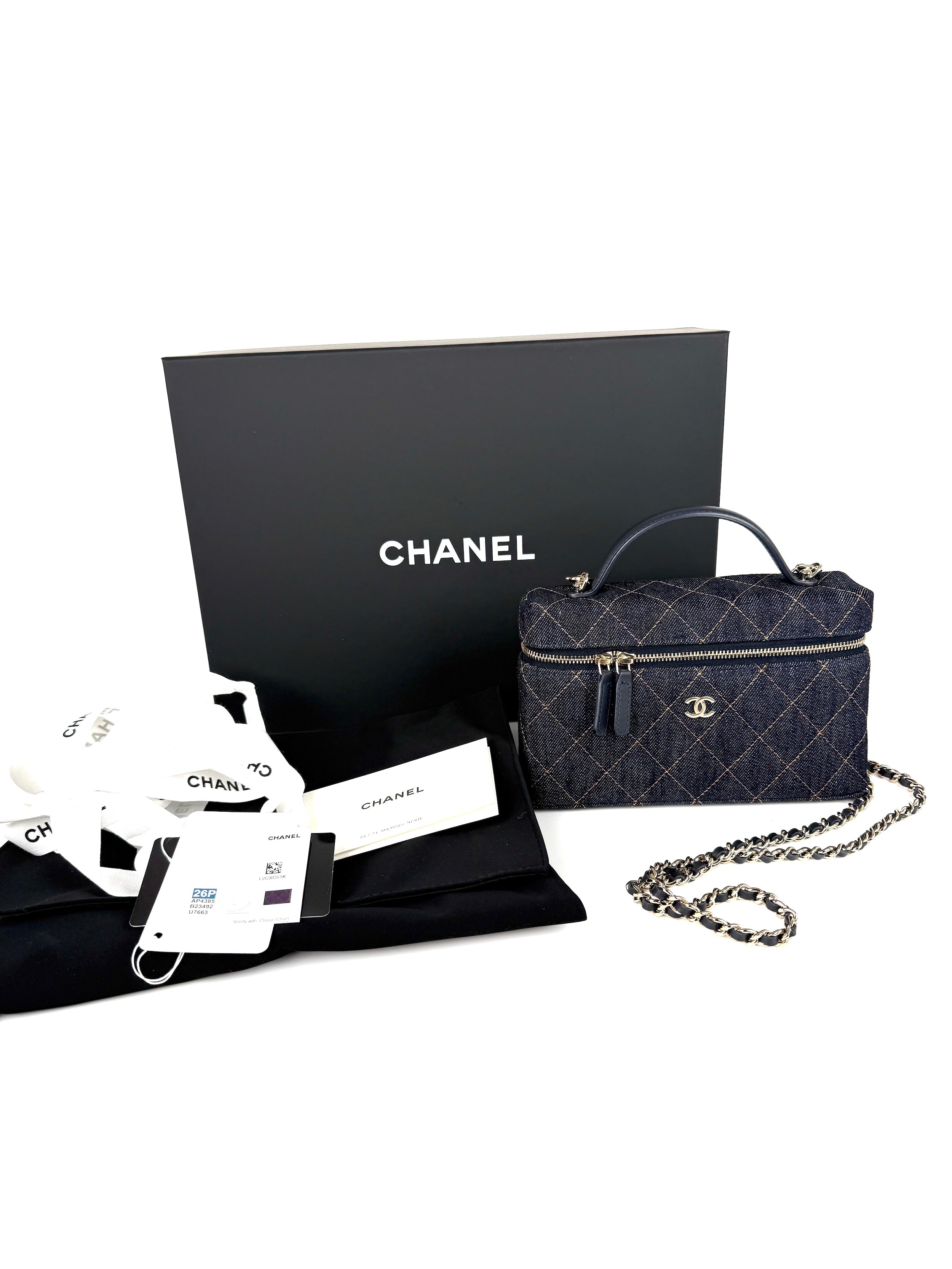 CHANEL Long Classic Vanity Dark Denim Quilted Zip Top Handle