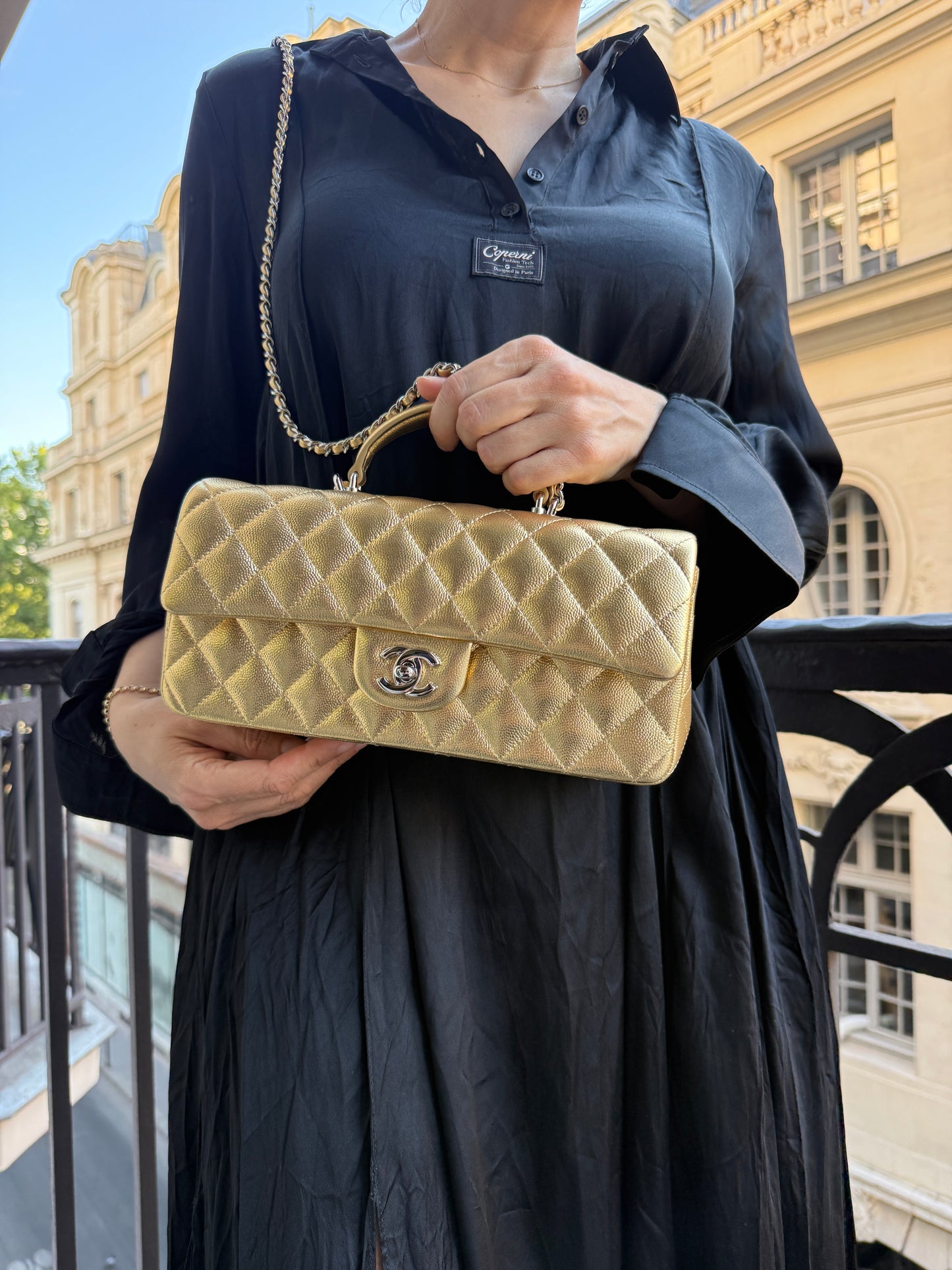 Chanel Long Gold Top Handle Quilted Caviar Leather Clutch Crossbody Bag