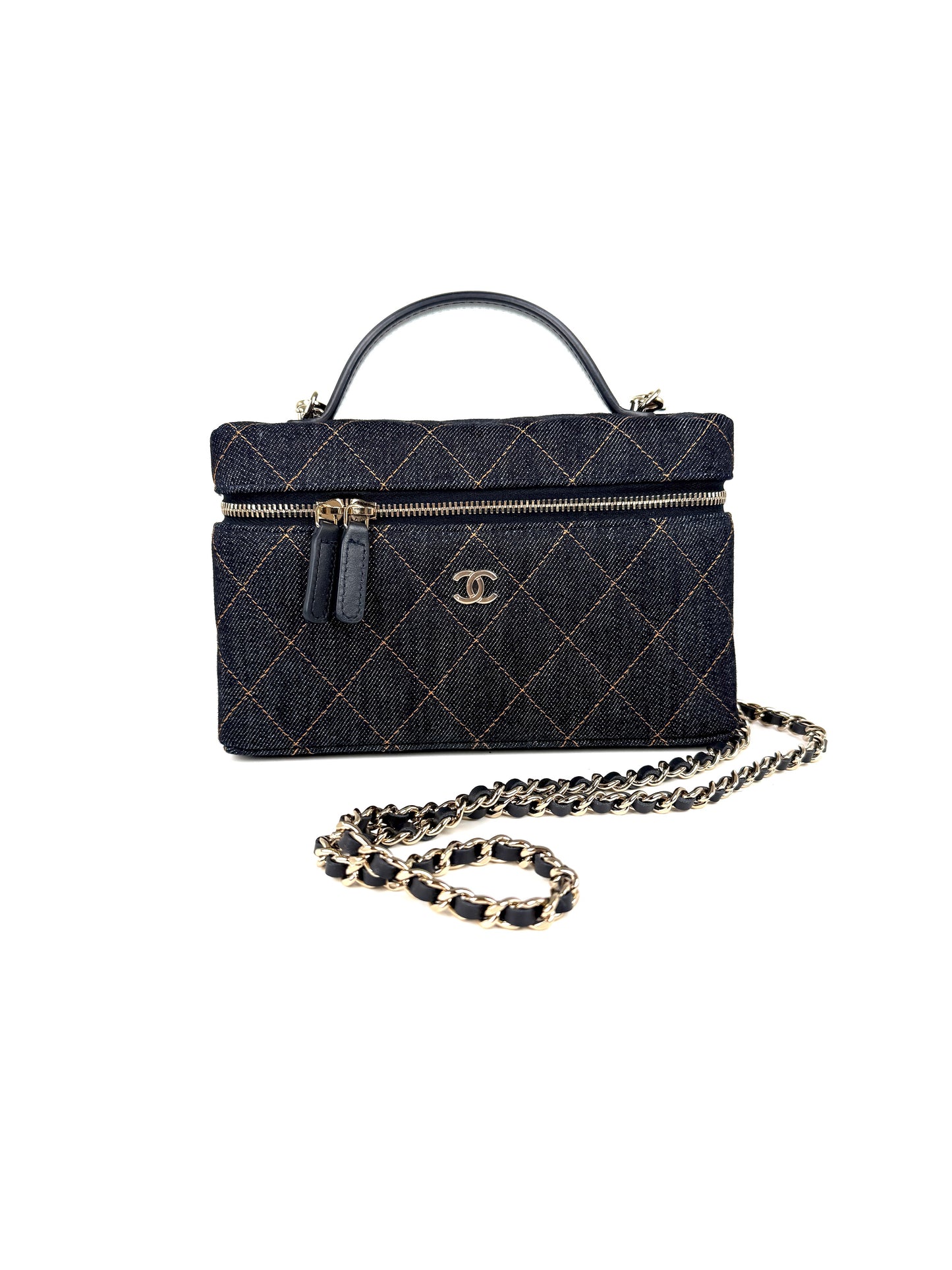 CHANEL Long Classic Vanity Dark Denim Quilted Zip Top Handle Crossbody with Chain Bag New