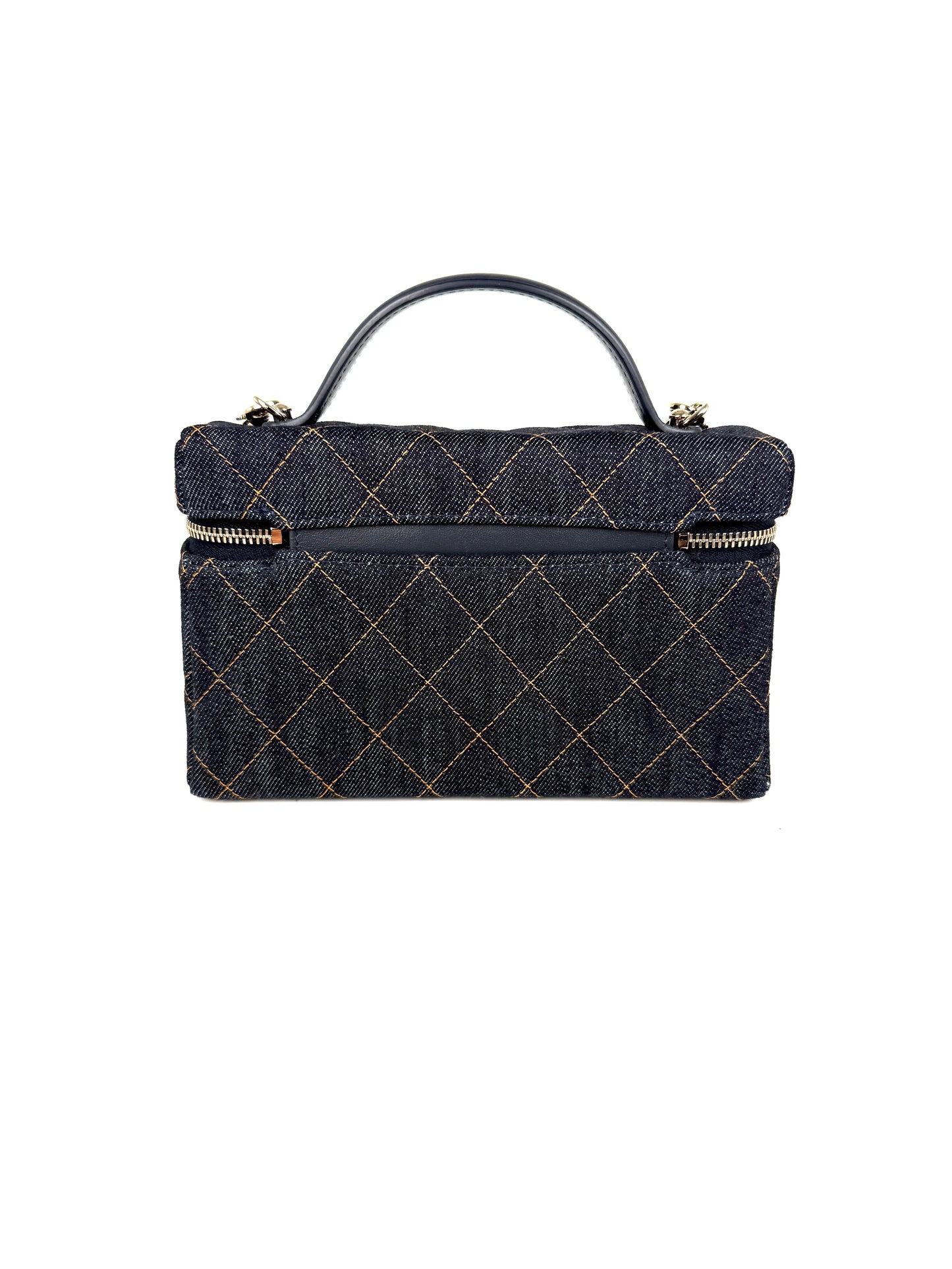 CHANEL Long Classic Vanity Dark Denim Quilted Zip Top Handle Crossbody with Chain Bag New