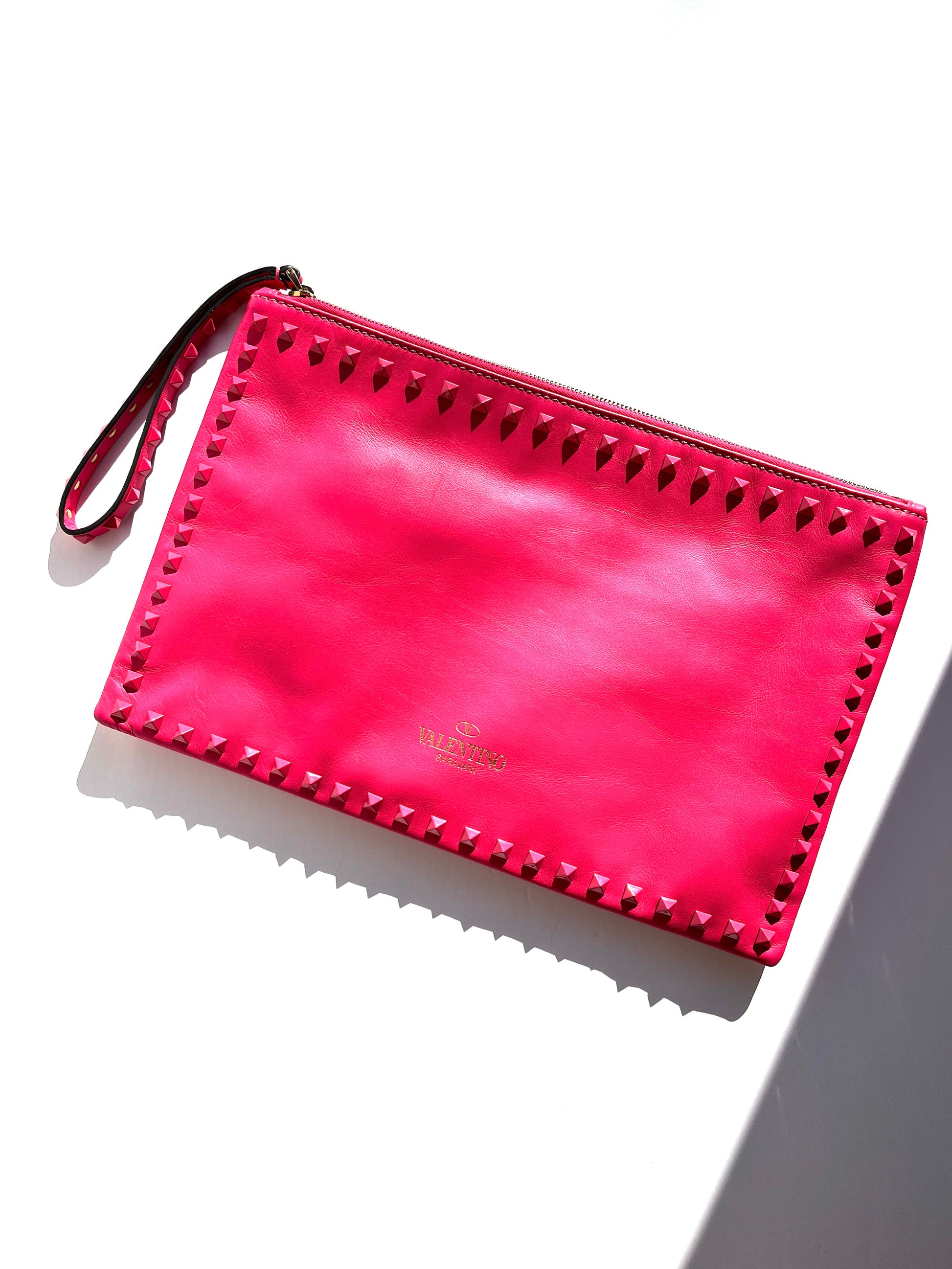 VALENTINO Rockstud Monochrome Pink Leather Clutch Pouch Bag Consignment store near me