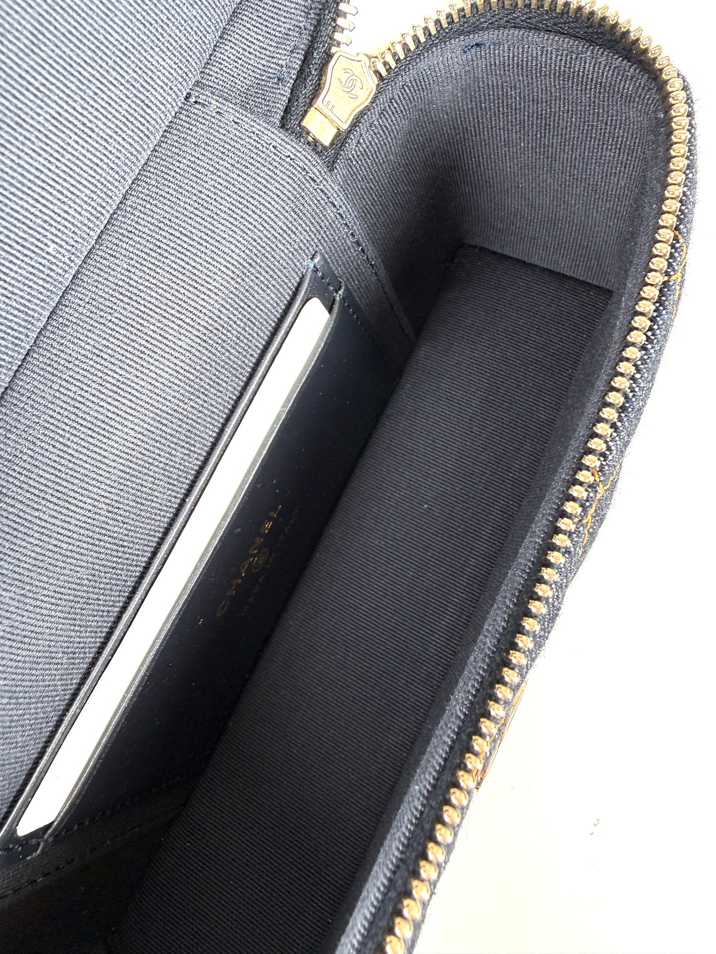 CHANEL Long Classic Vanity Dark Denim Quilted Zip Top Handle Crossbody with Chain Bag New