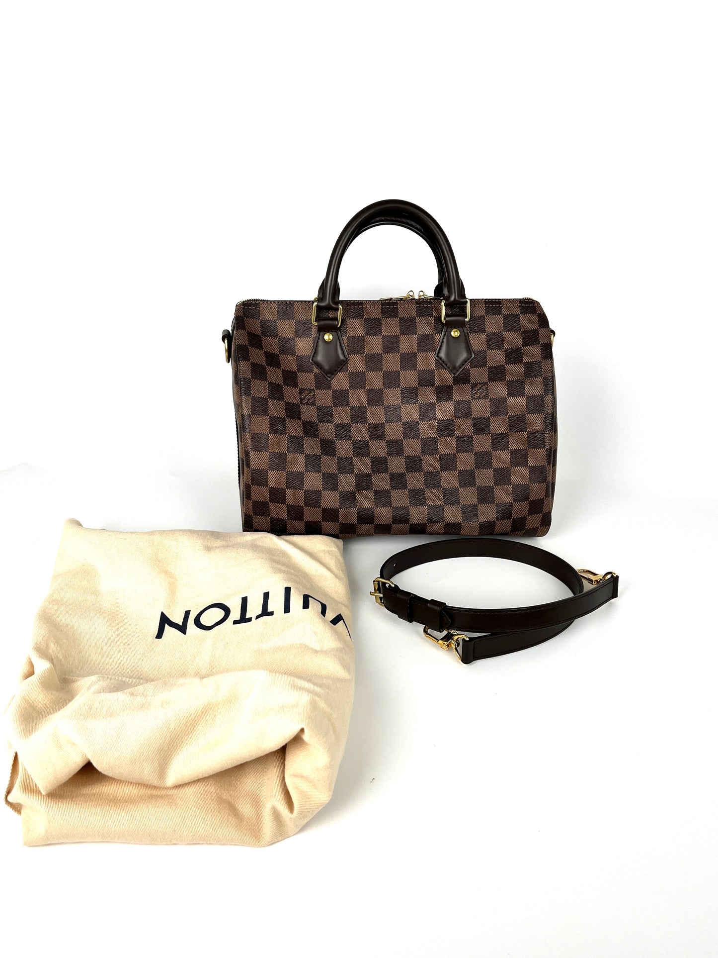 LOUIS VUITTON Speedy Bandouliere 30 Damier Ebene Brown Satchel Crossbody Bag Designer Consignment 