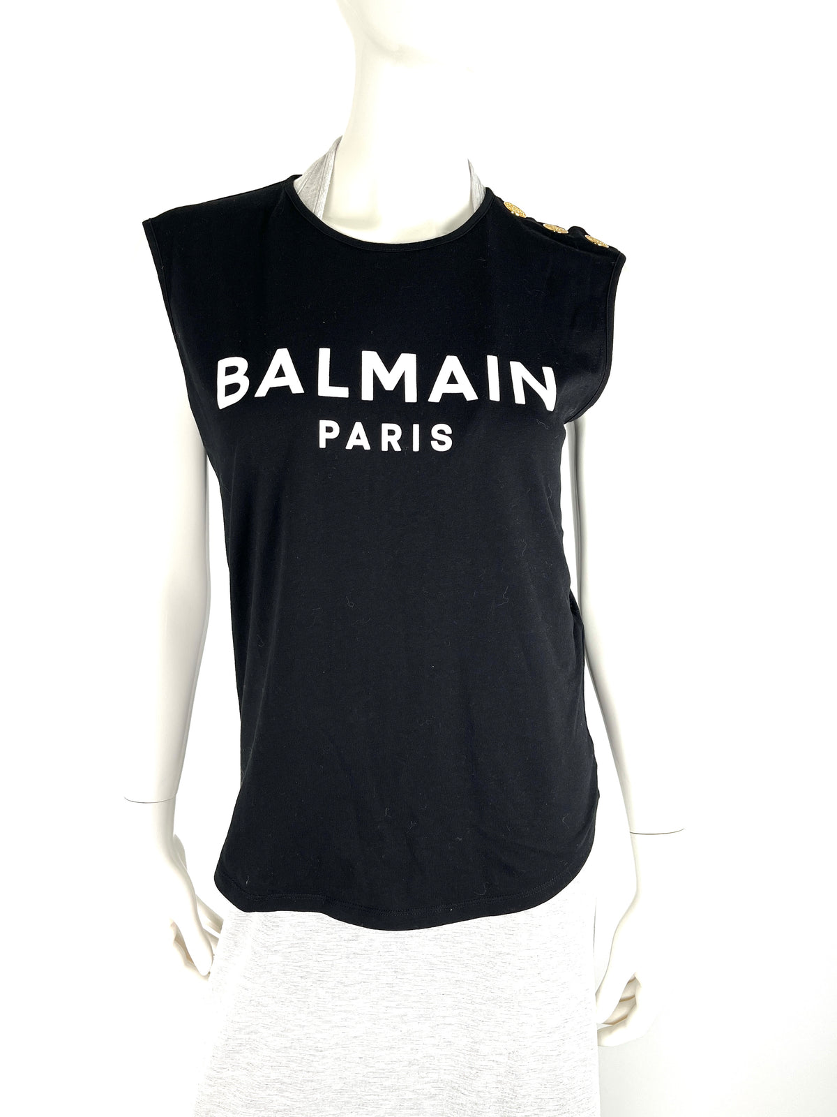 BALMAIN Paris Black Logo Print Gold Button Tank Top S – Fashion 