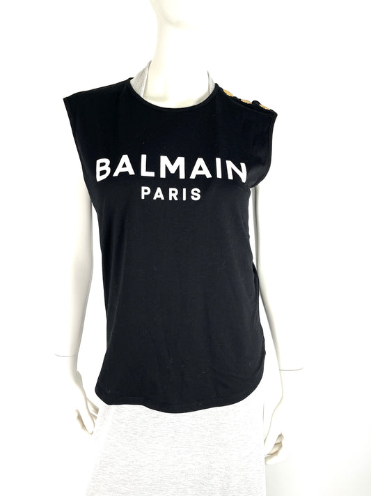 BALMAIN Paris Black Logo Print Gold Button Tank Top S