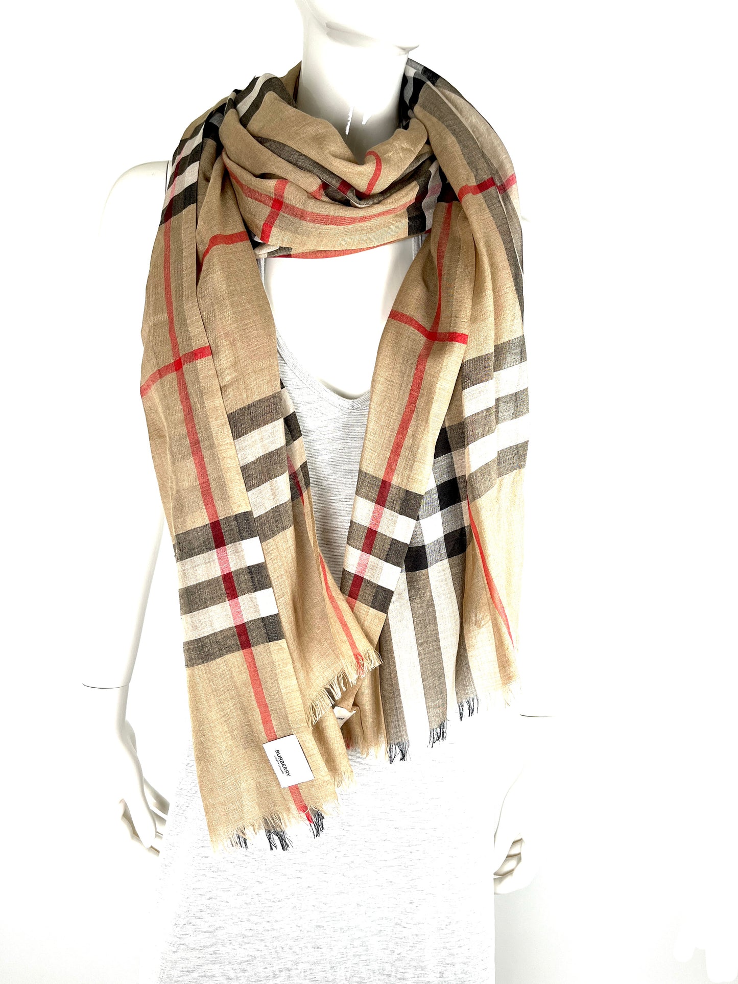 BURBERRY Check Archive Beige Black Wool Silk Rectangular Fringe Long Scarf Designer Consignment near me