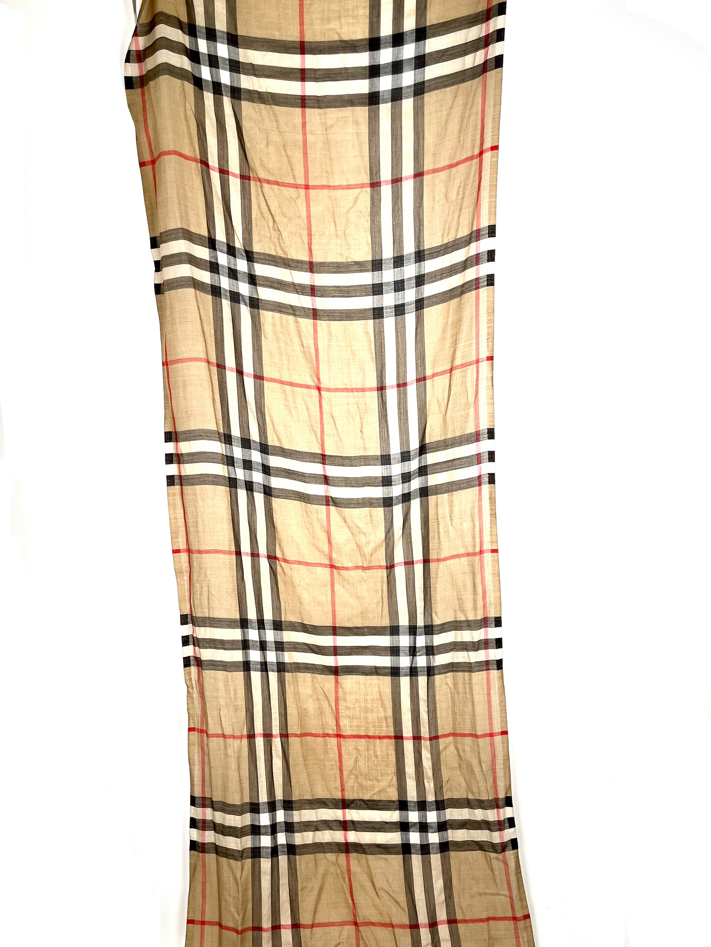 BURBERRY Check Archive Beige Black Wool Silk Rectangular Fringe Long Scarf