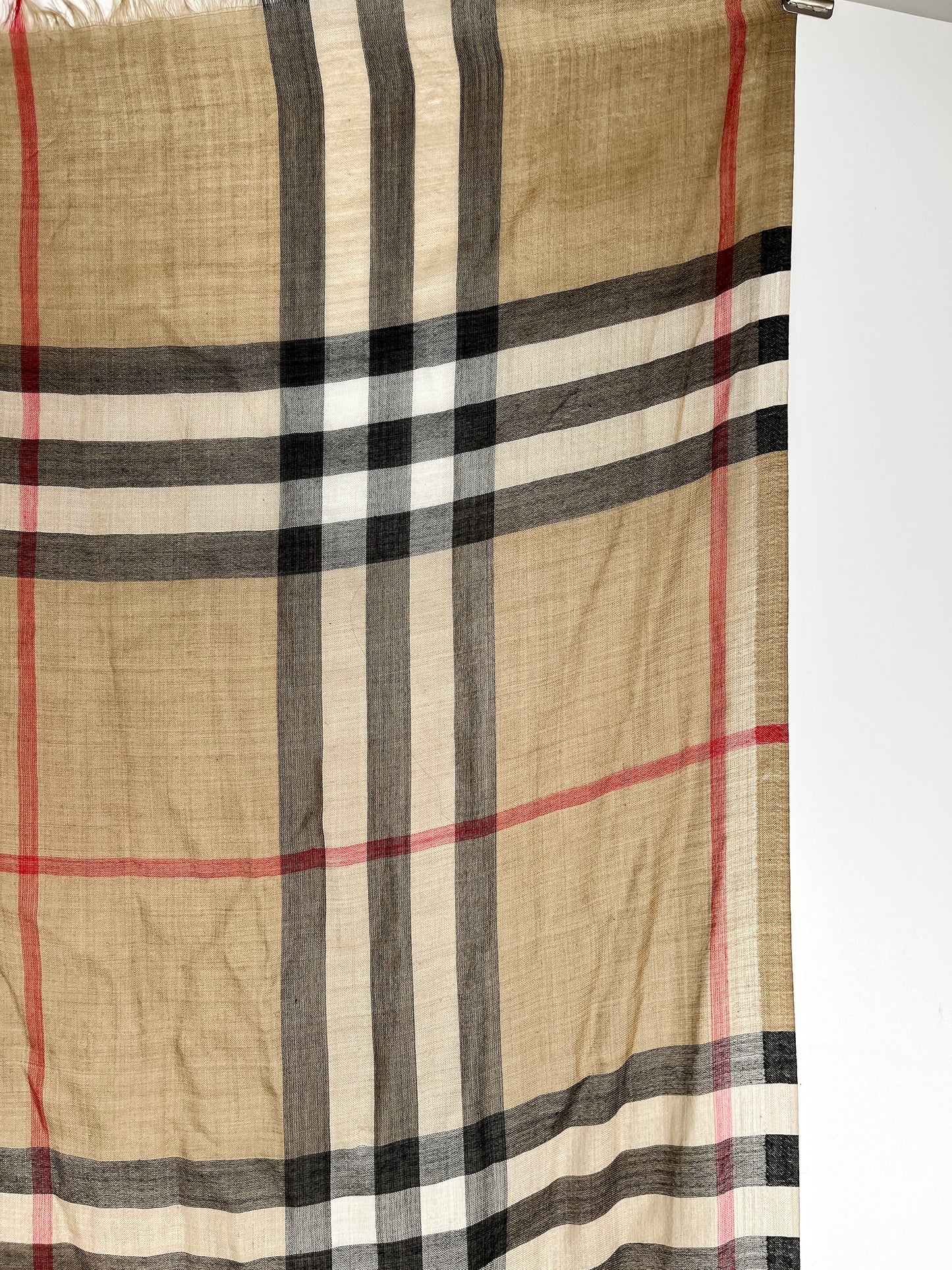 BURBERRY Check Archive Beige Black Wool Silk Rectangular Fringe Long Scarf