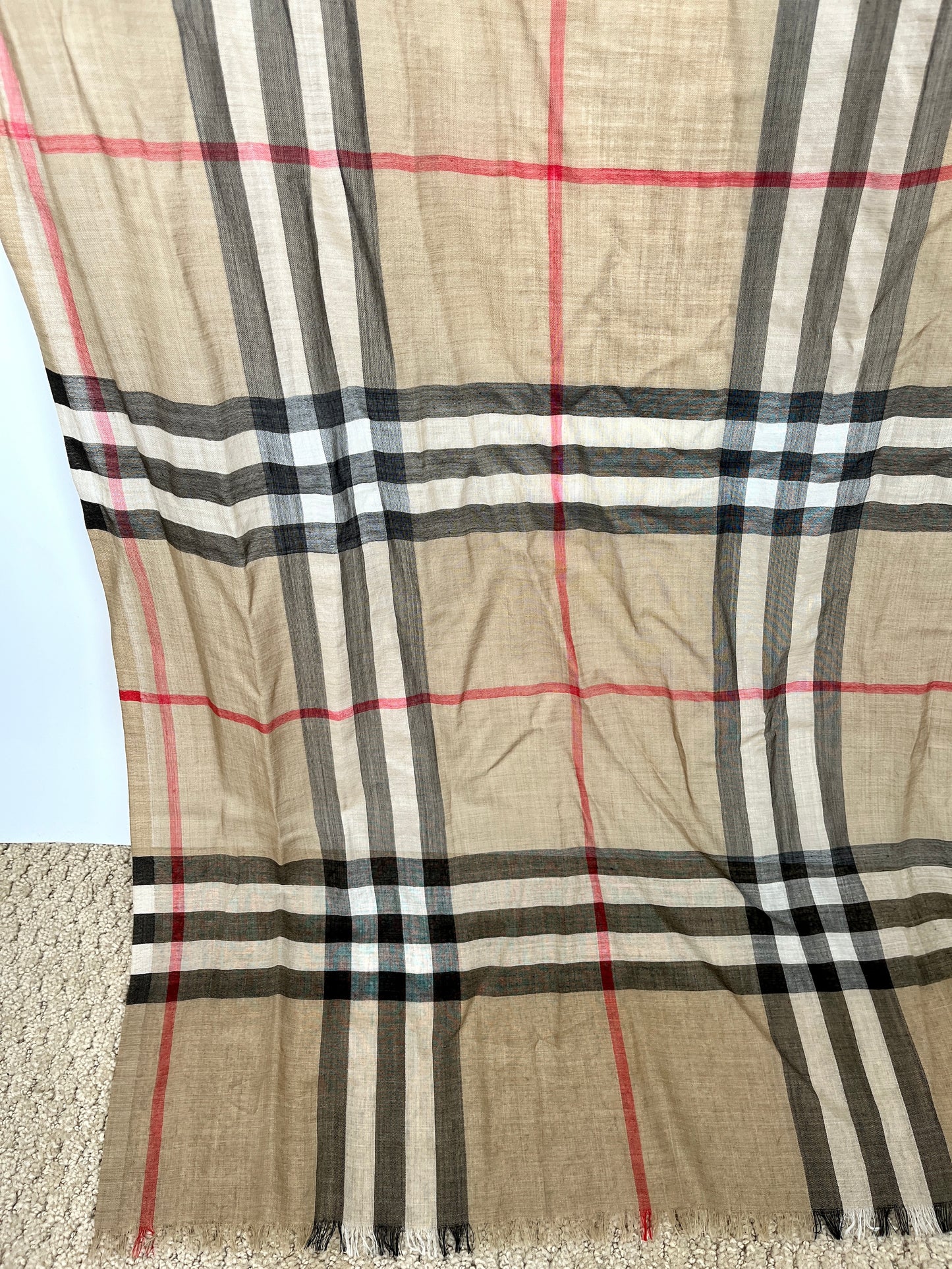 BURBERRY Check Archive Beige Black Wool Silk Rectangular Fringe Long Scarf