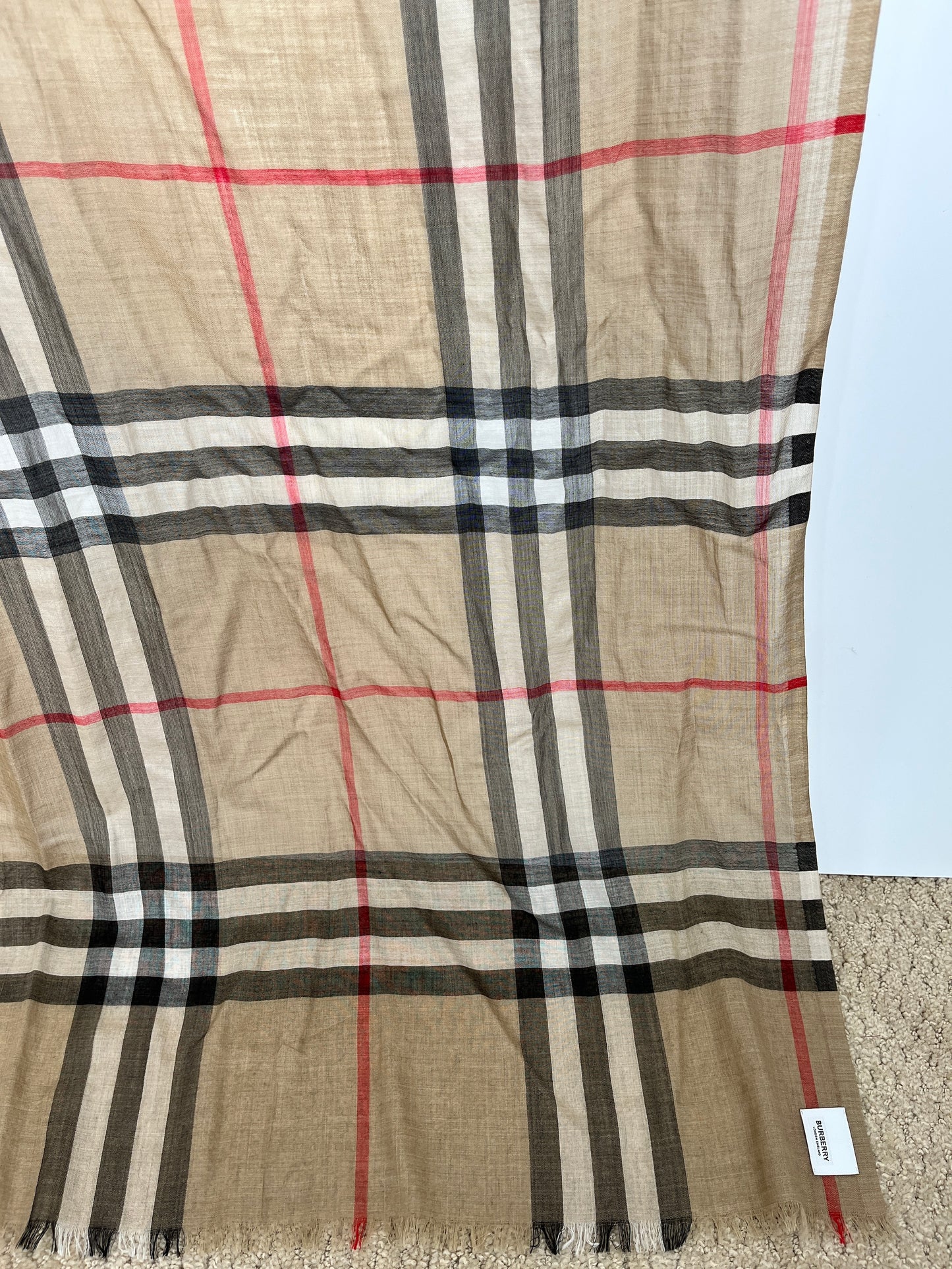 BURBERRY Check Archive Beige Black Wool Silk Rectangular Fringe Long Scarf