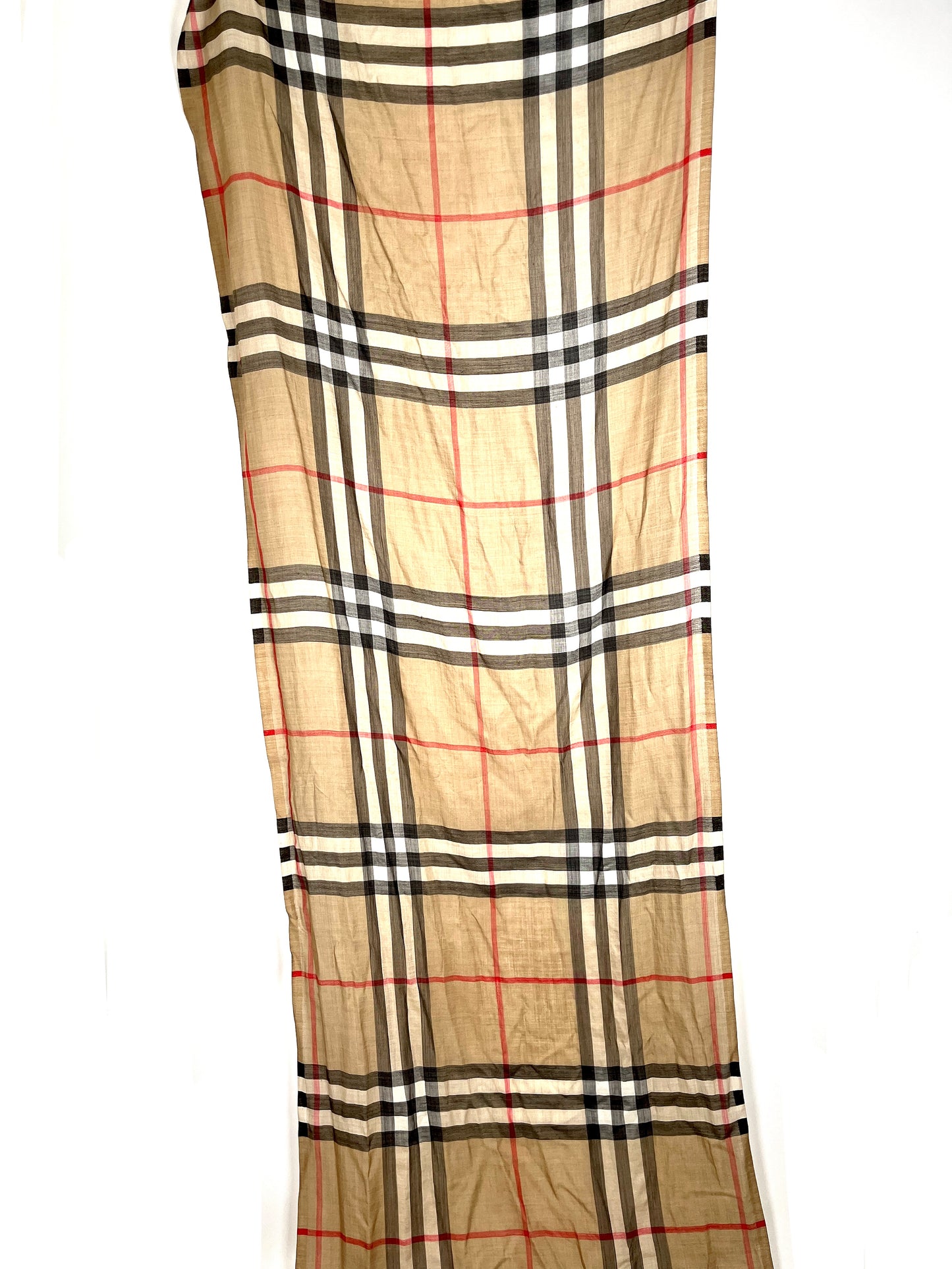 BURBERRY Check Archive Beige Black Wool Silk Rectangular Fringe Long Scarf