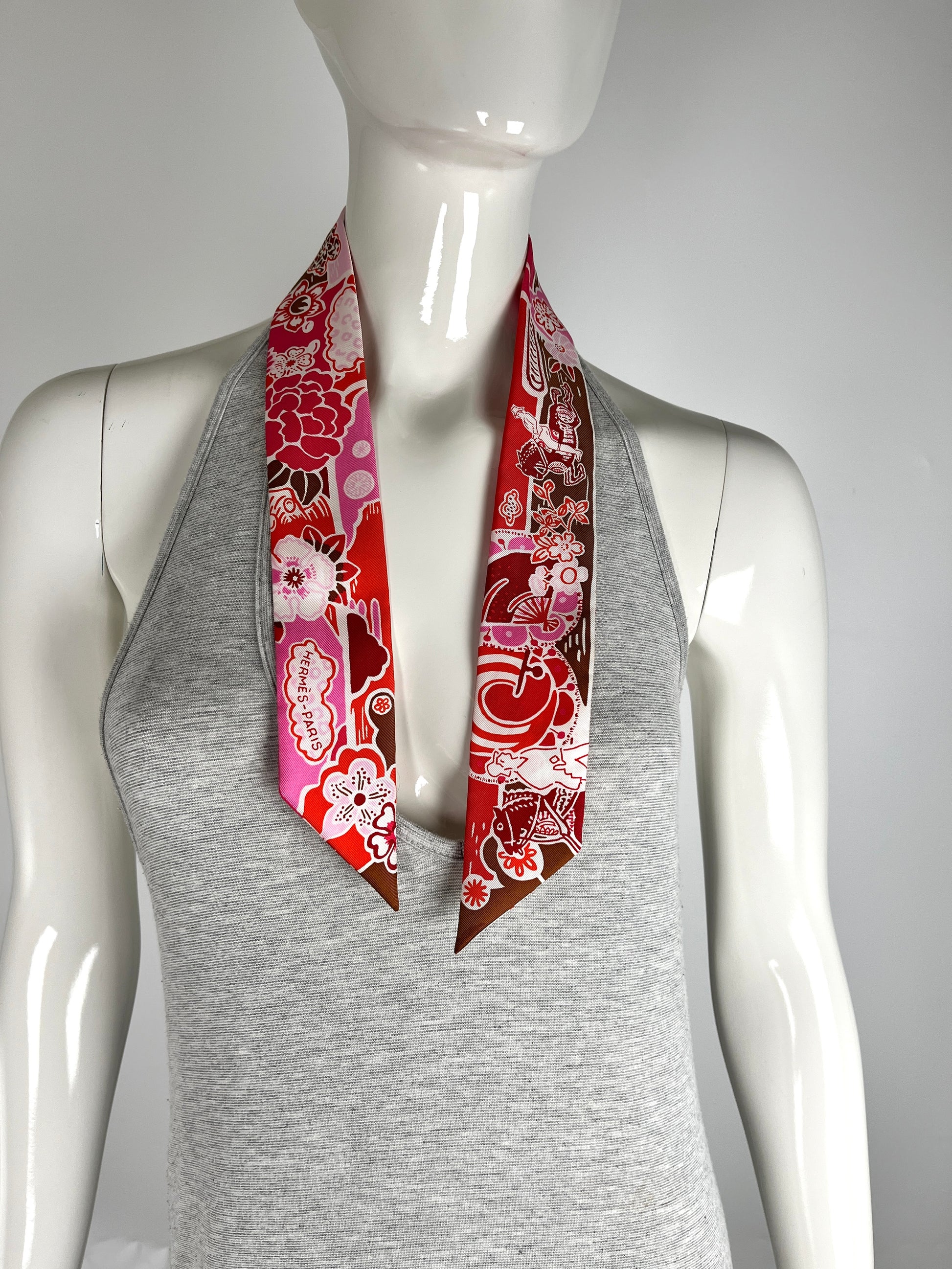 HERMES Horse Carriage Floral Pink Red Silk Twilly Scarf