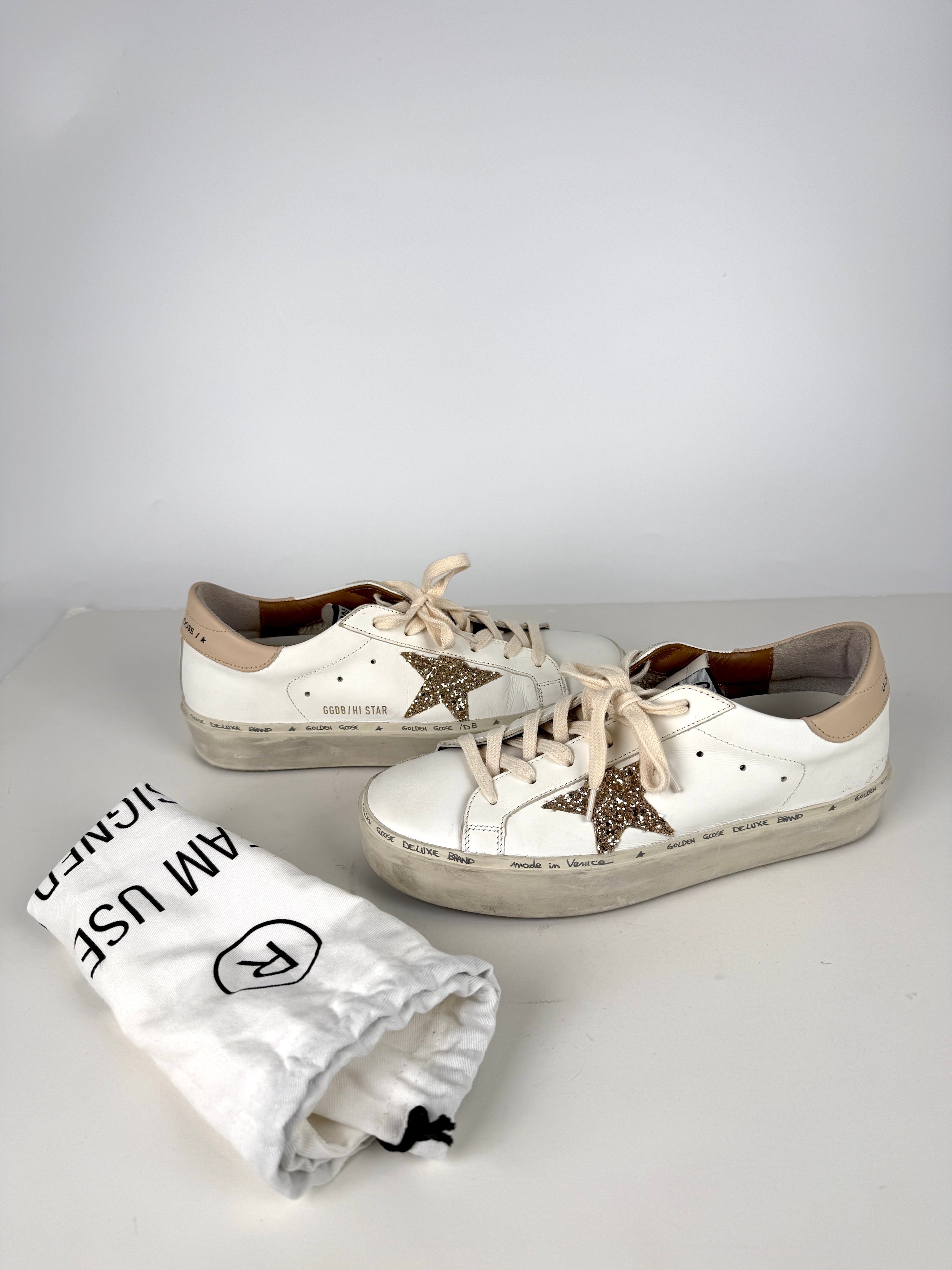 Golden Goose Hi Star White Gold Glitter Star Sneakers 39 – Fashion