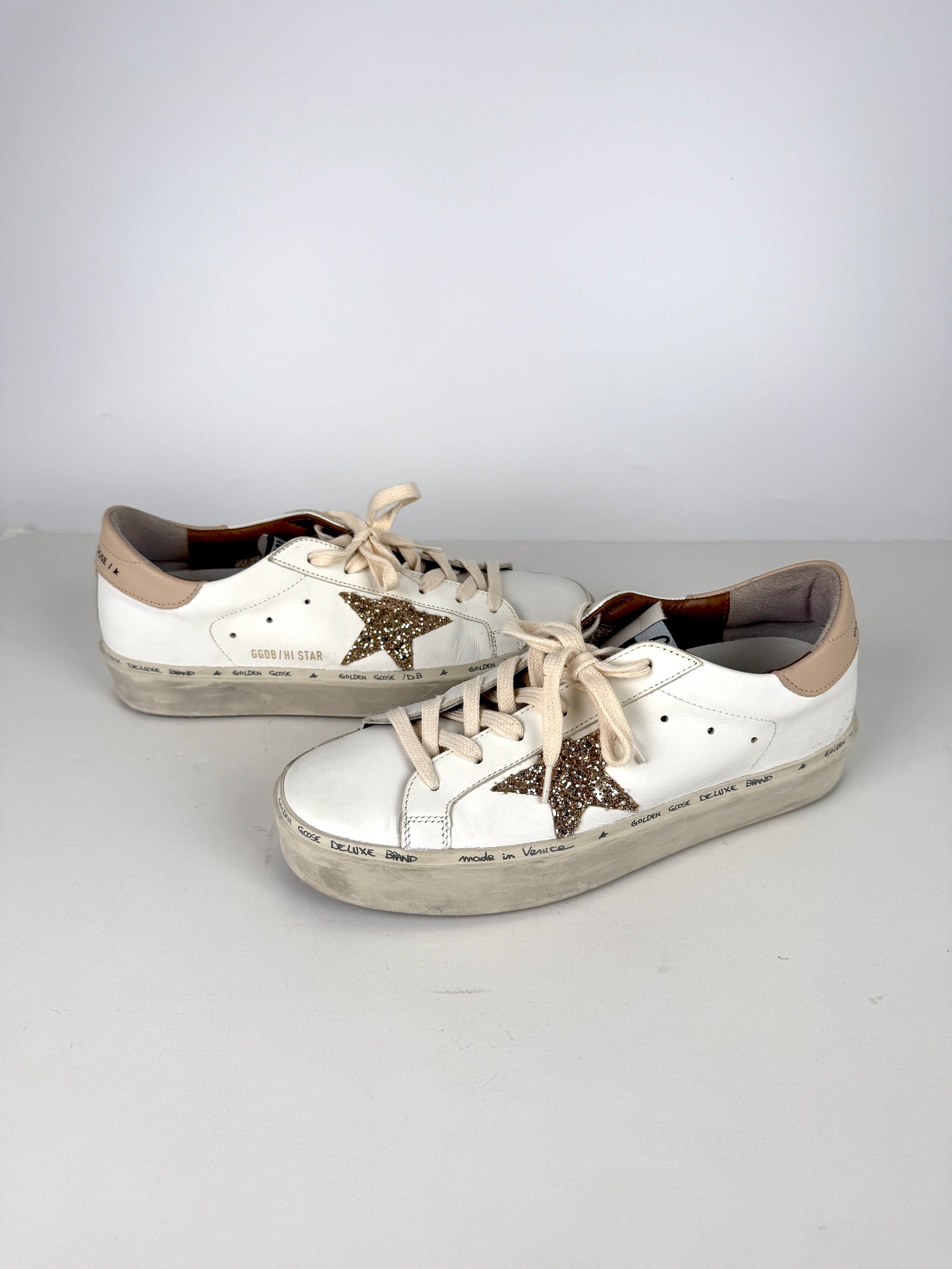 Golden Goose Hi Star White Gold Glitter Star Sneakers 39