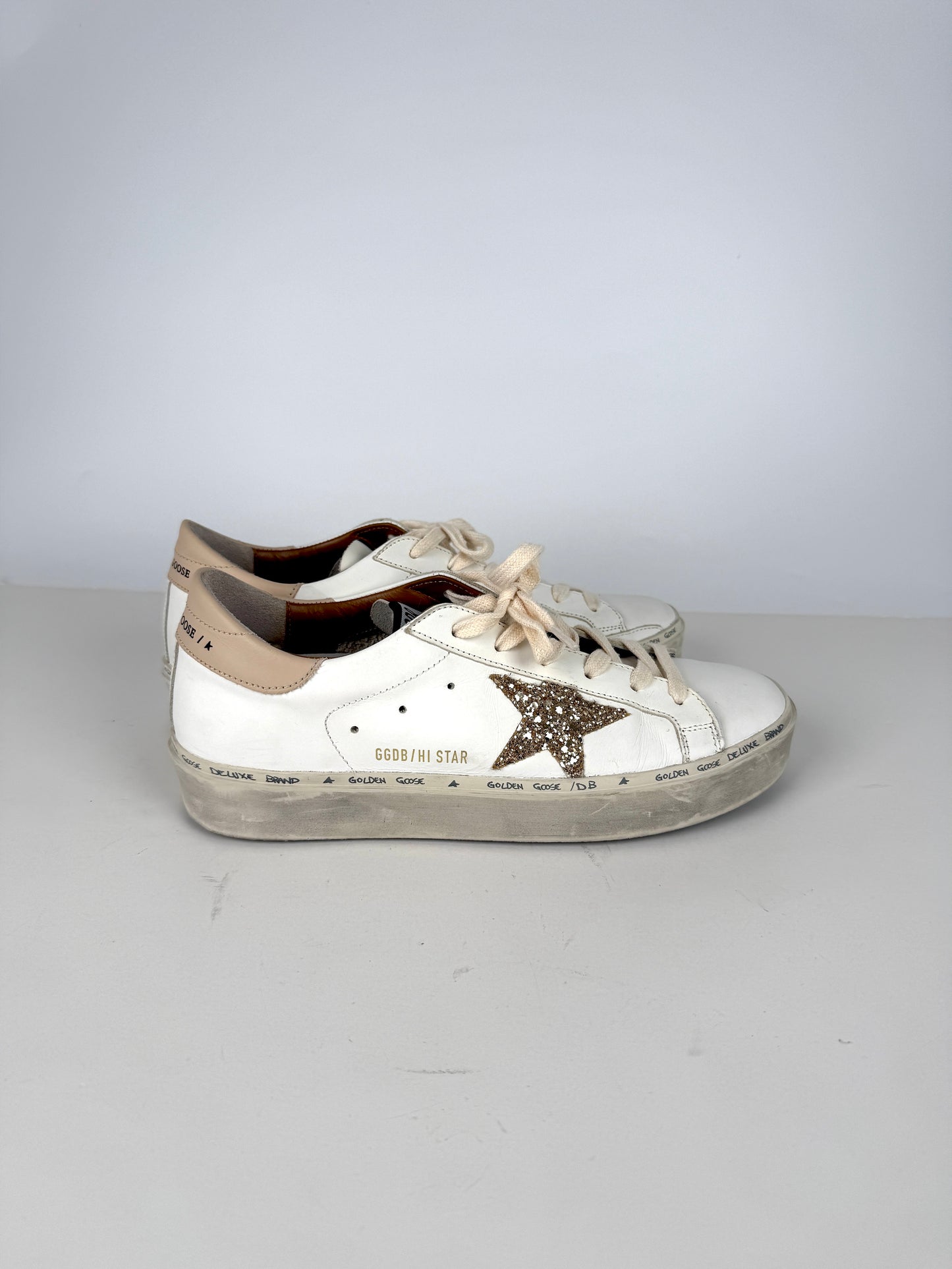 Golden Goose Hi Star White Gold Glitter Star Sneakers 39