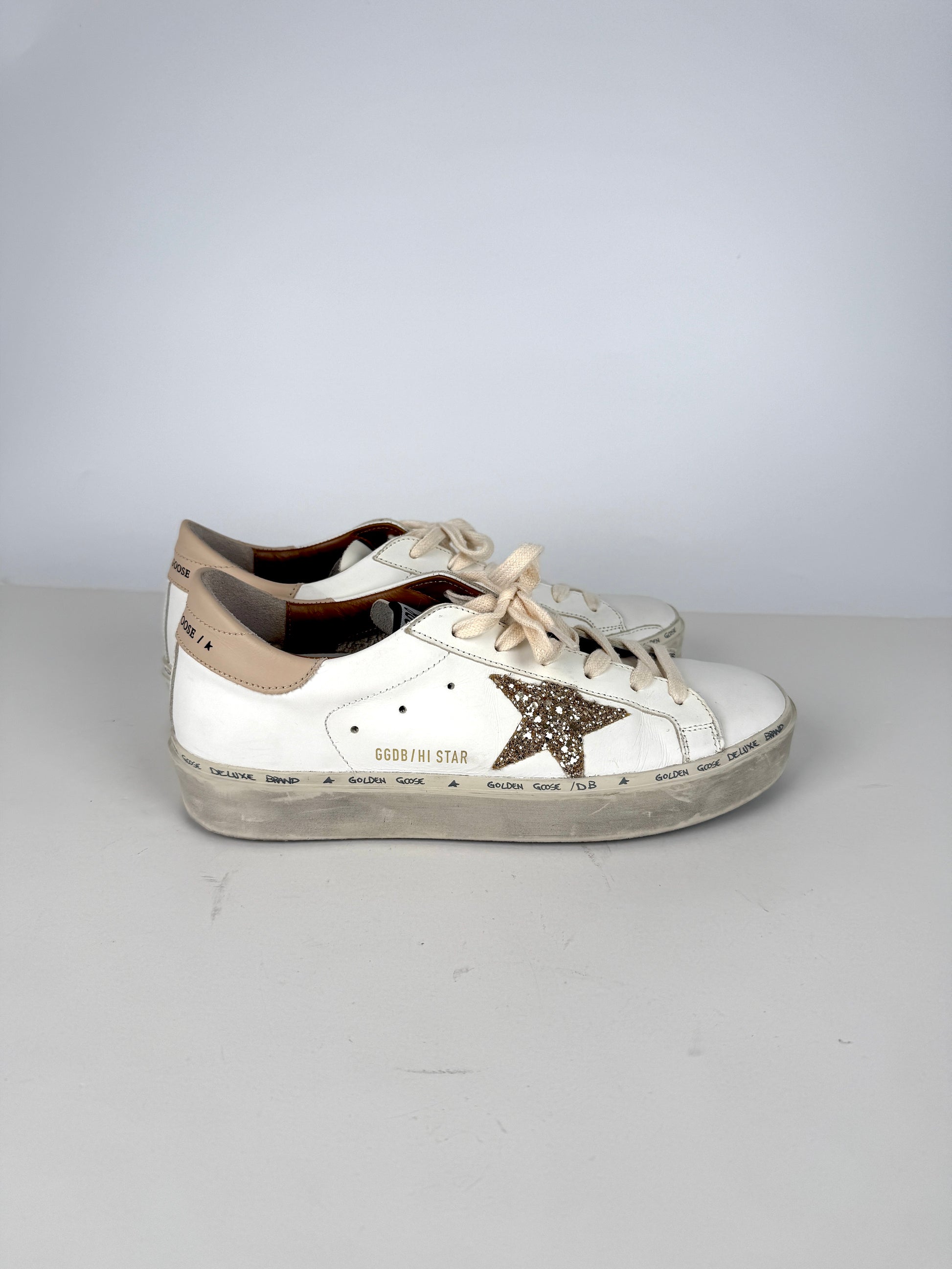 Golden Goose Hi Star White Gold Glitter Star Sneakers 39