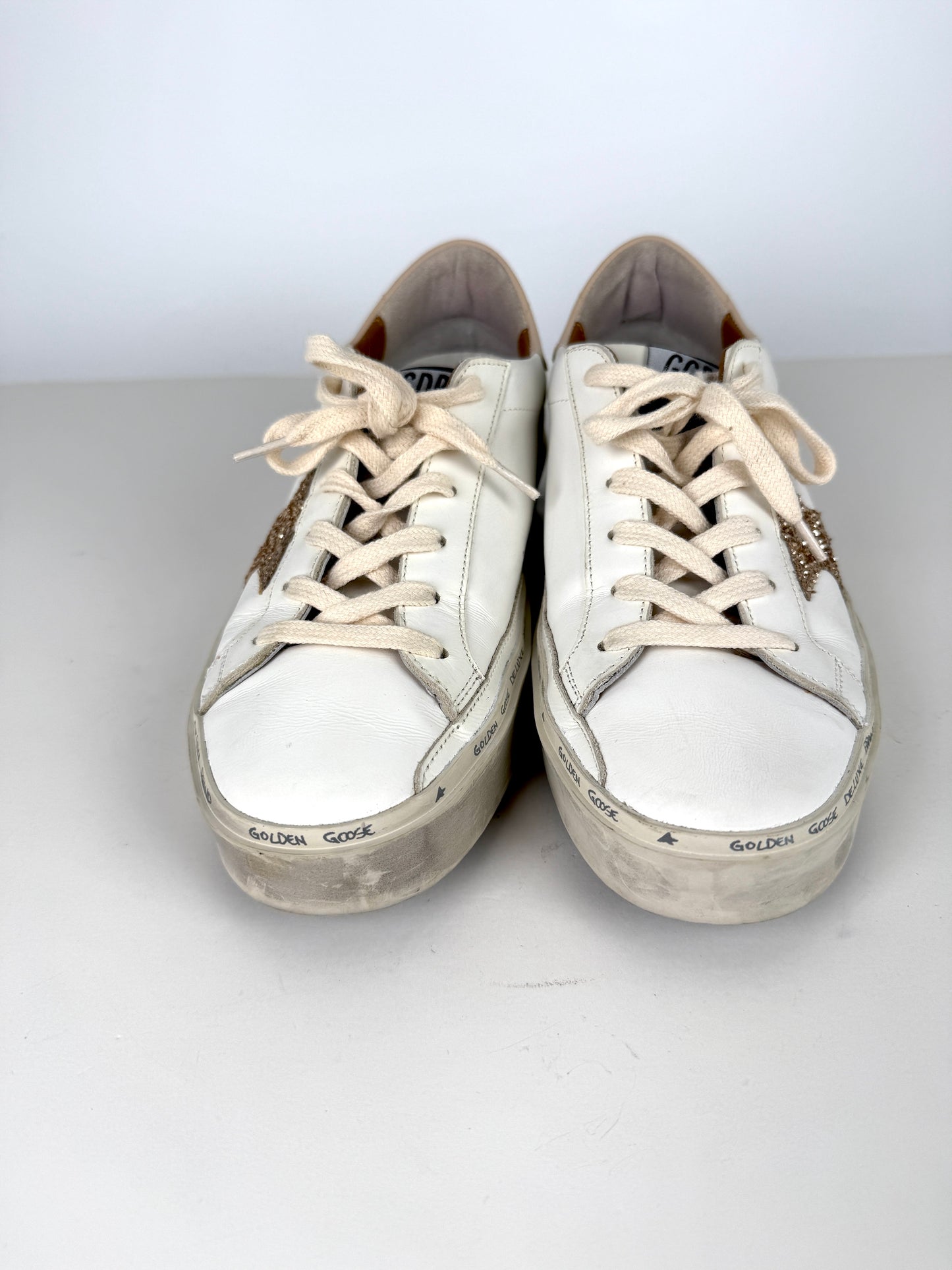 Golden Goose Hi Star White Gold Glitter Star Sneakers 39
