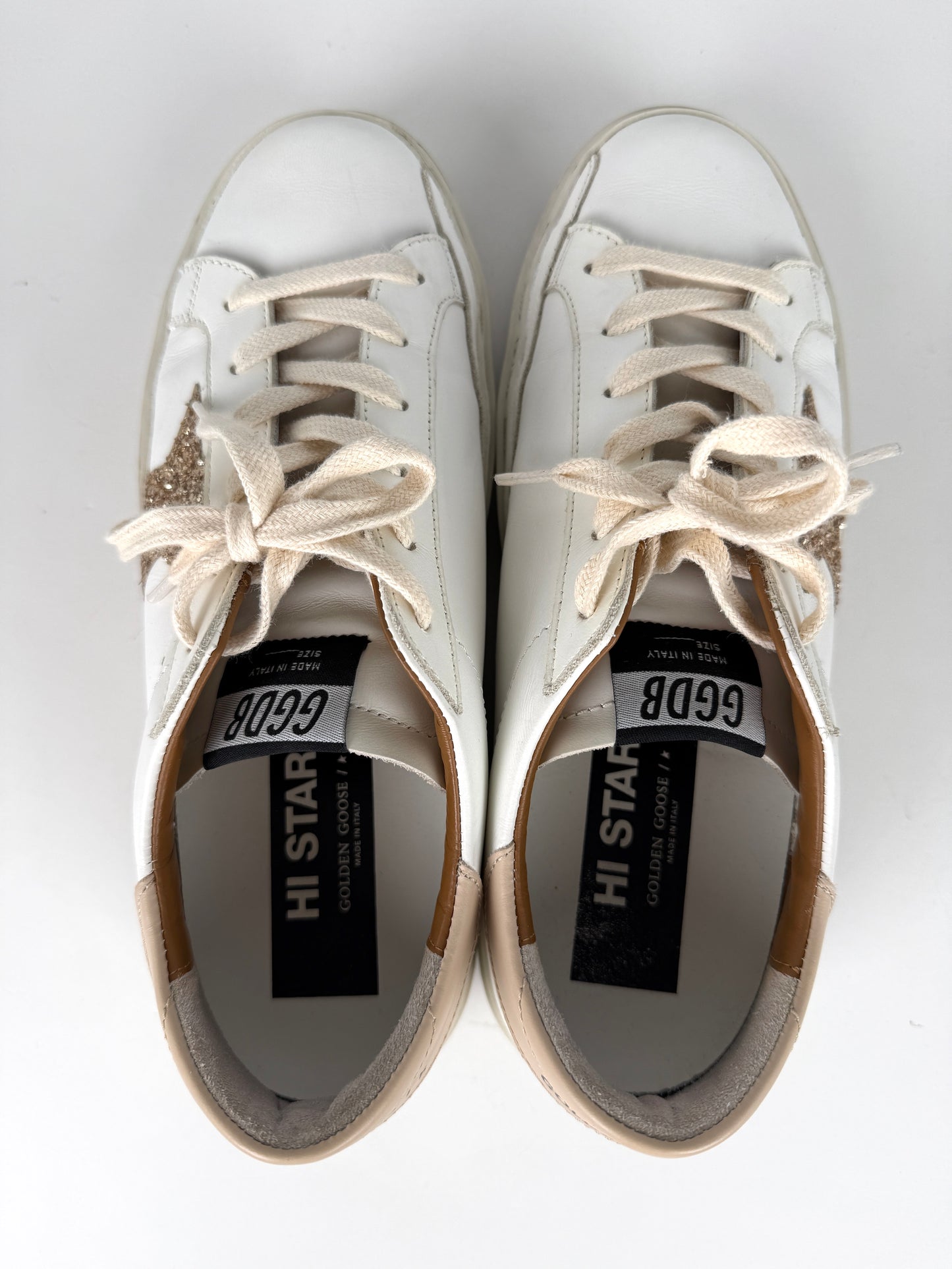 Golden Goose Hi Star White Gold Glitter Star Sneakers 39
