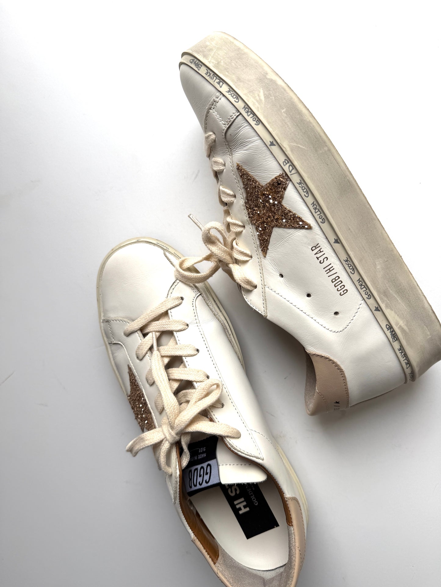 Golden Goose Hi Star White Gold Glitter Star Sneakers 39