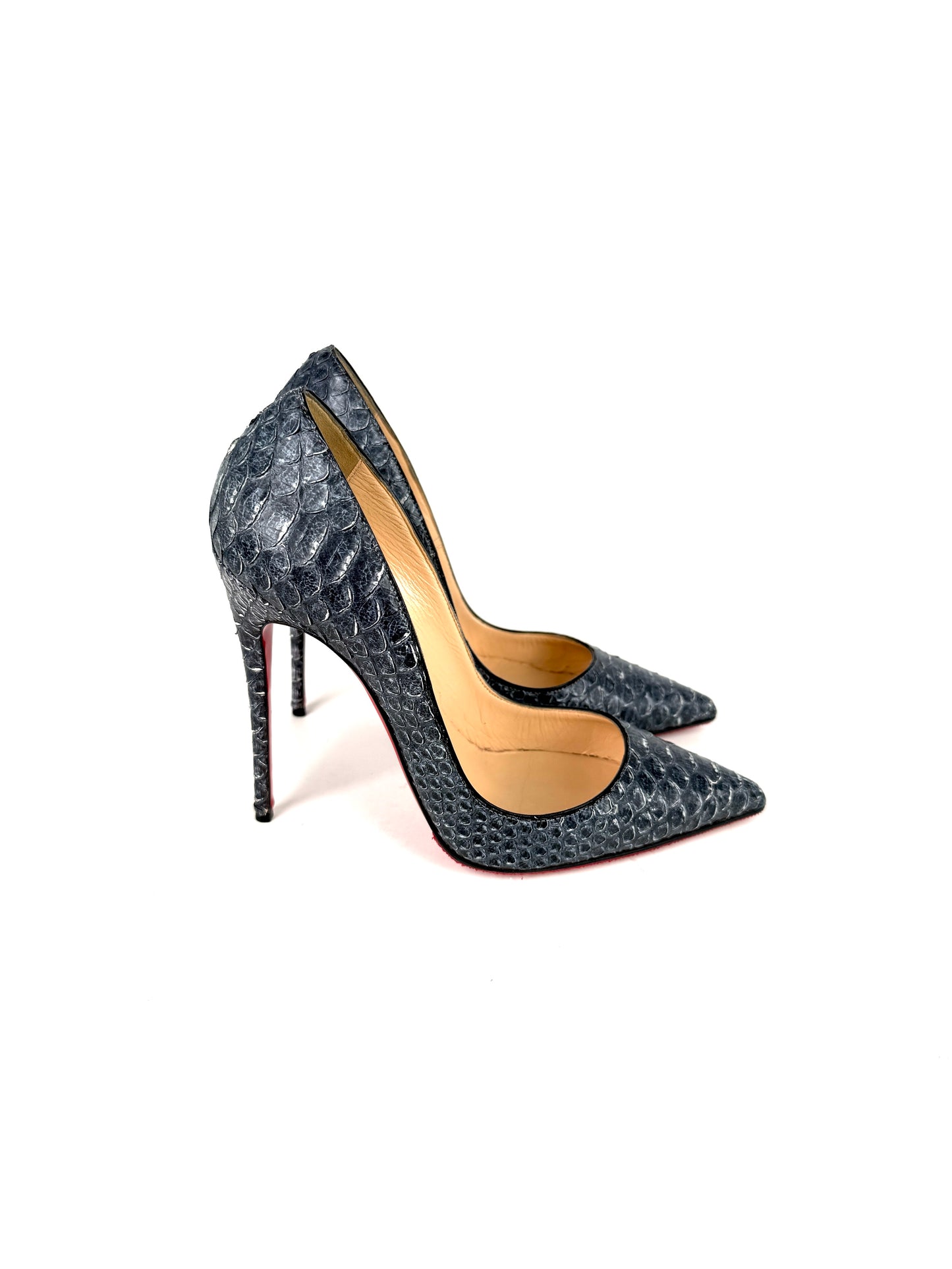 Christian Louboutin So Kate 120mm Dark Gray Denim Blue Python Snakeskin Leather Pump Heels 38, 7.5