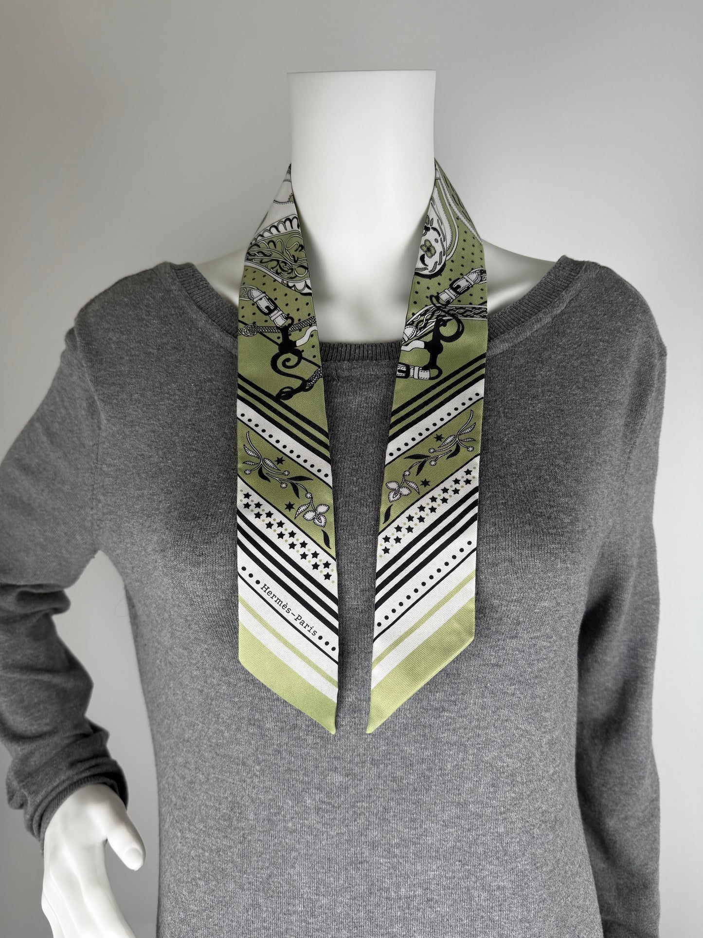 Hermes Festival des Amazones Print Pistachio Green White Black Silk Twilly Scarf New