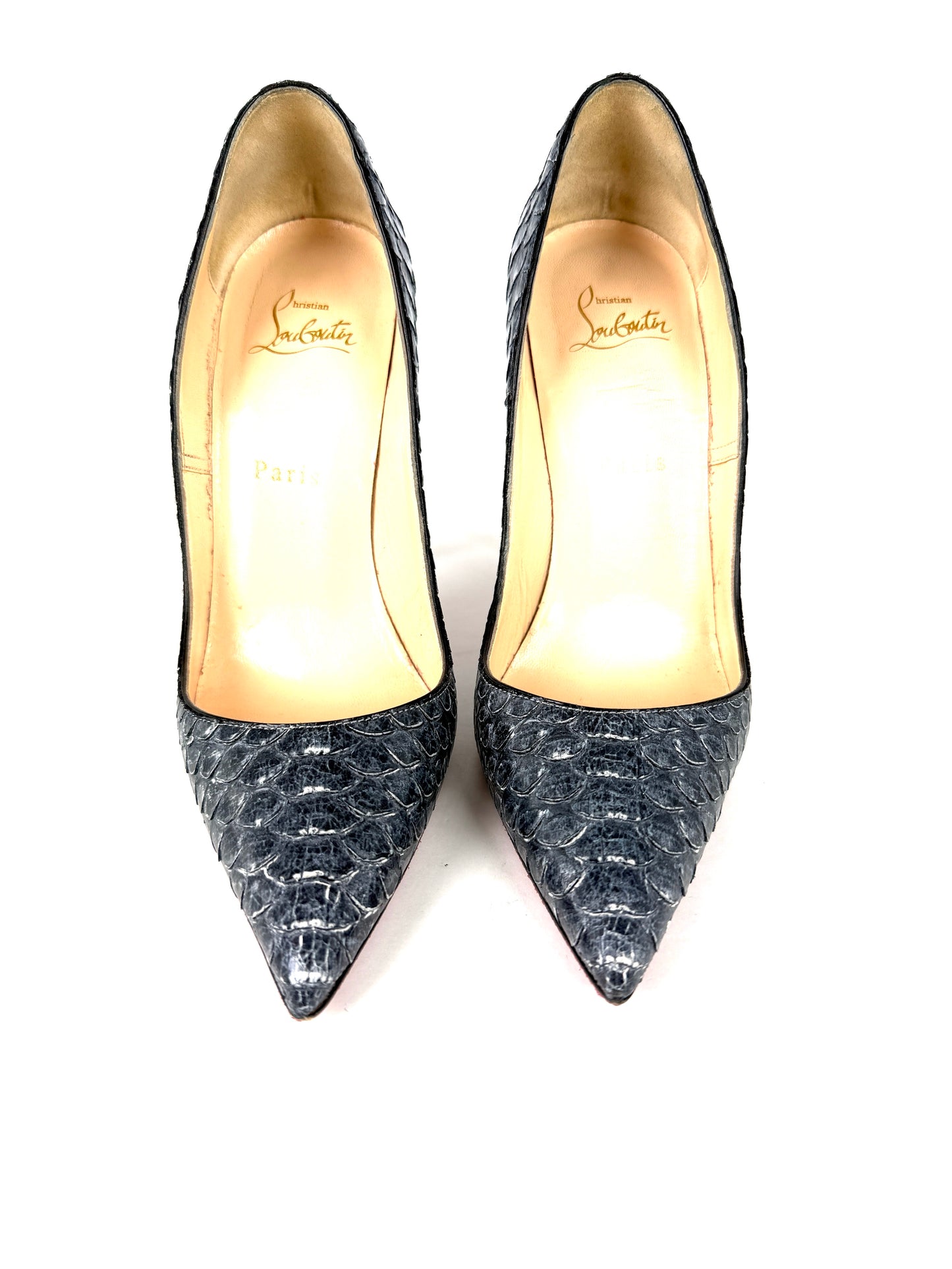 Christian Louboutin So Kate 120mm Dark Gray Denim Blue Python Snakeskin Leather Pump Heels 38, 7.5