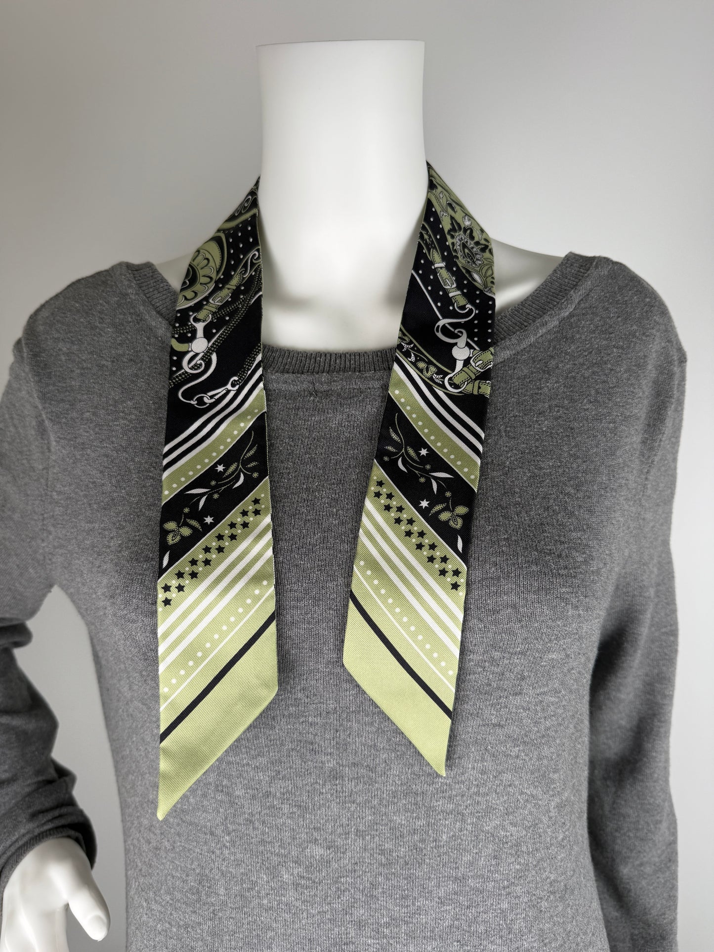 Hermes Festival des Amazones Print Pistachio Green White Black Silk Twilly Scarf New