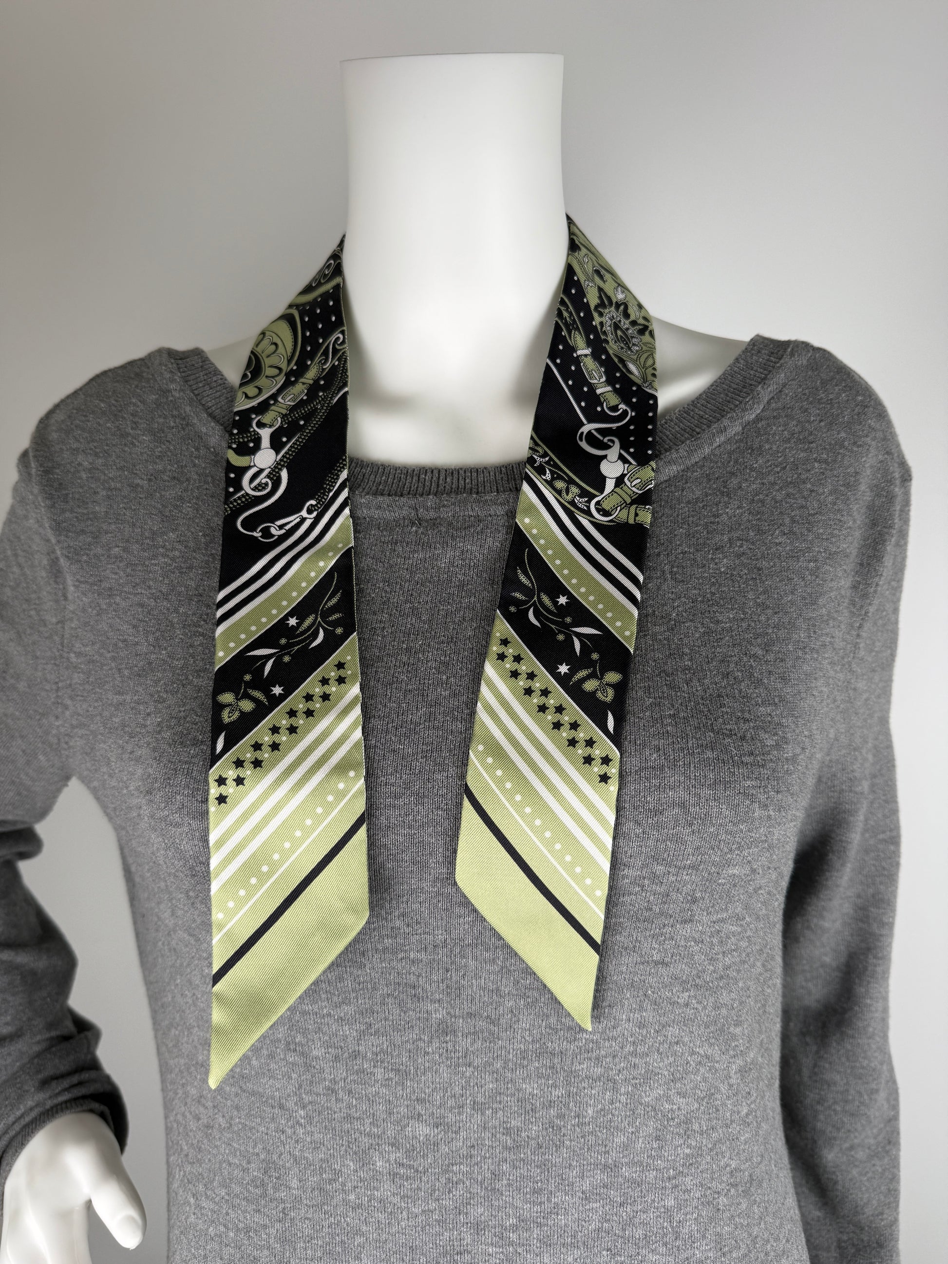 Hermes Festival des Amazones Print Pistachio Green White Black Silk Twilly Scarf New