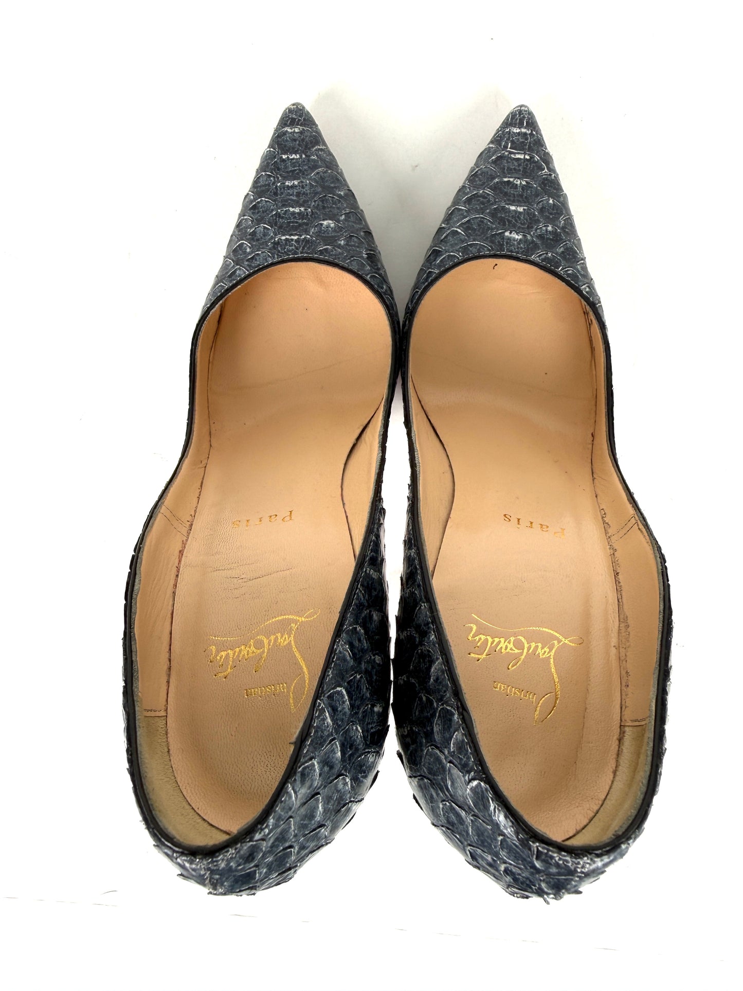 Christian Louboutin So Kate 120mm Dark Gray Denim Blue Python Snakeskin Leather Pump Heels 38, 7.5