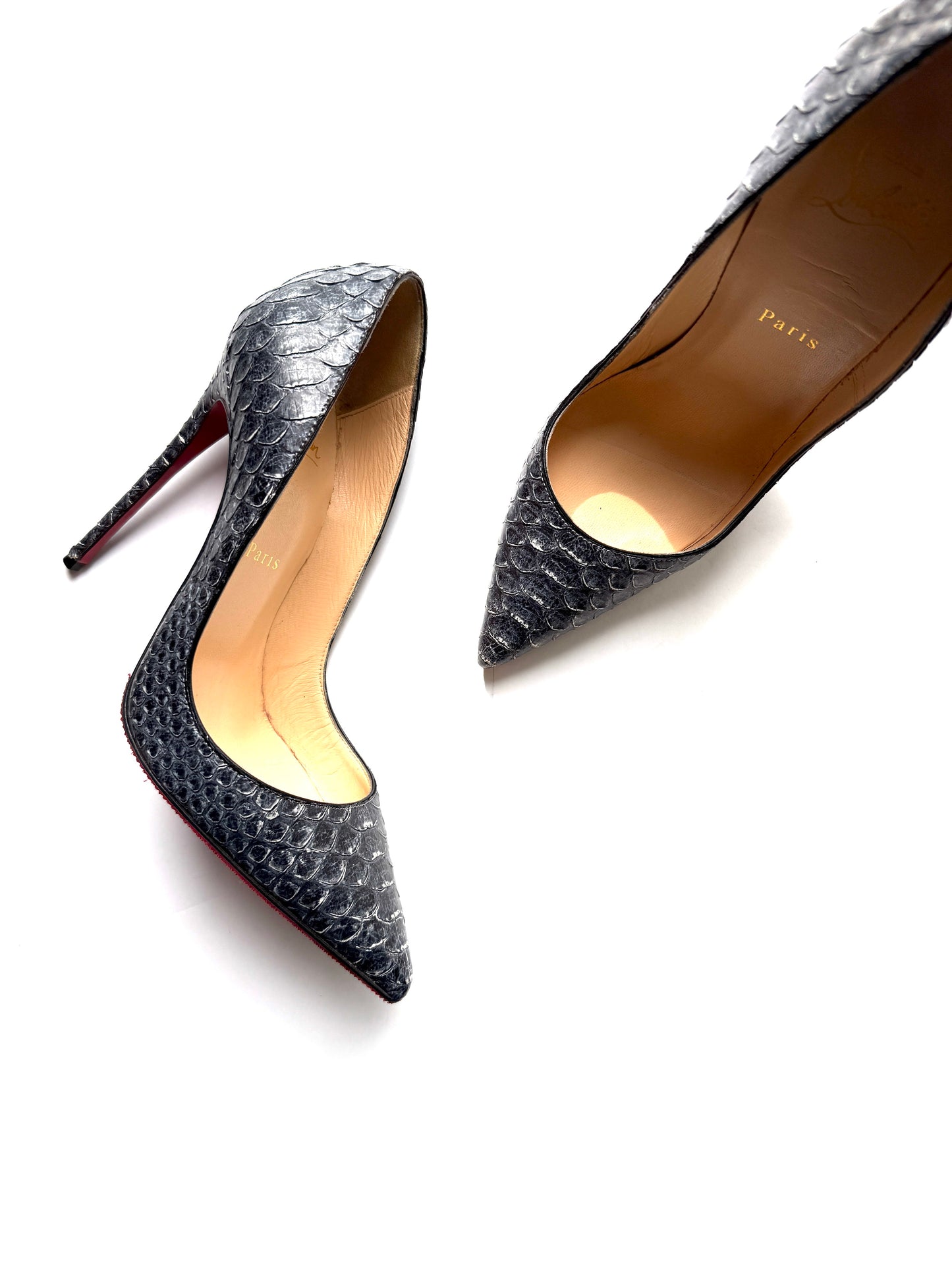 Christian Louboutin So Kate 120mm Dark Gray Python Snakeskin Leather Pump Heels 38, 7.5
