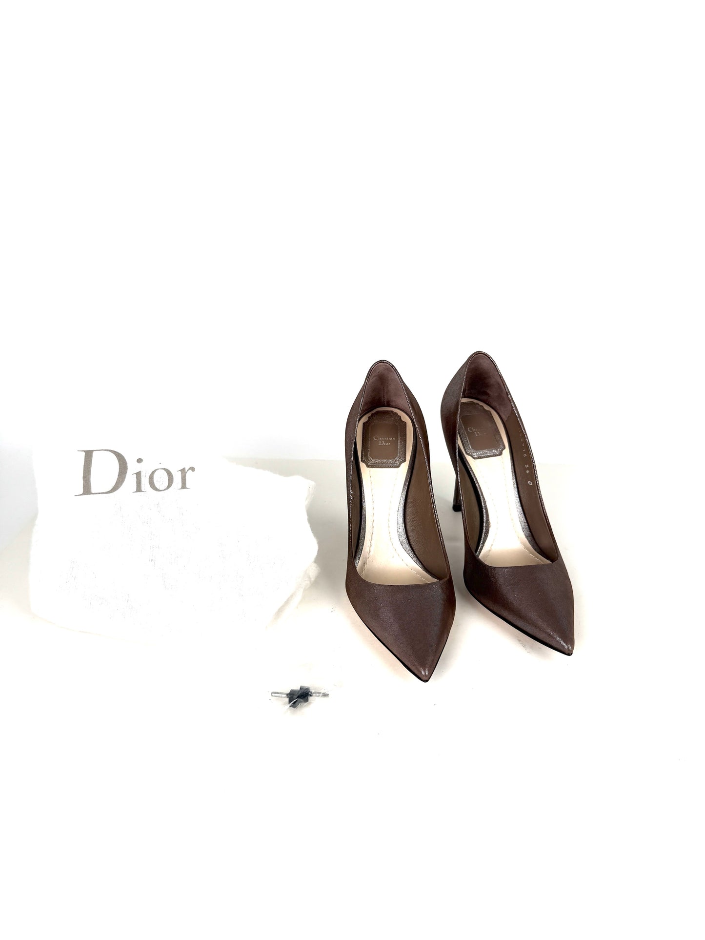 New Christian Dior Cherie Metallic Taupe Nubuck Leather Pointed Toe Pumps Heels 36 5.5