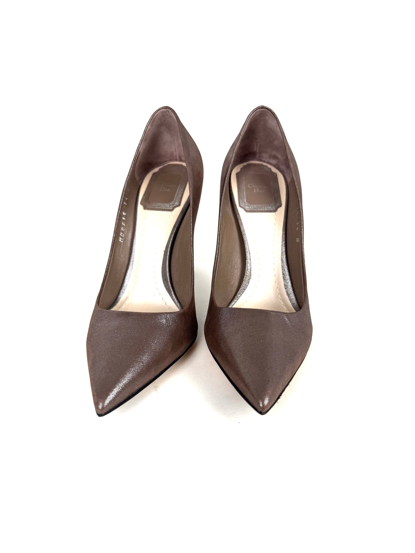 New Christian Dior Cherie Metallic Taupe Nubuck Leather Pointed Toe Pumps Heels 36 5.5