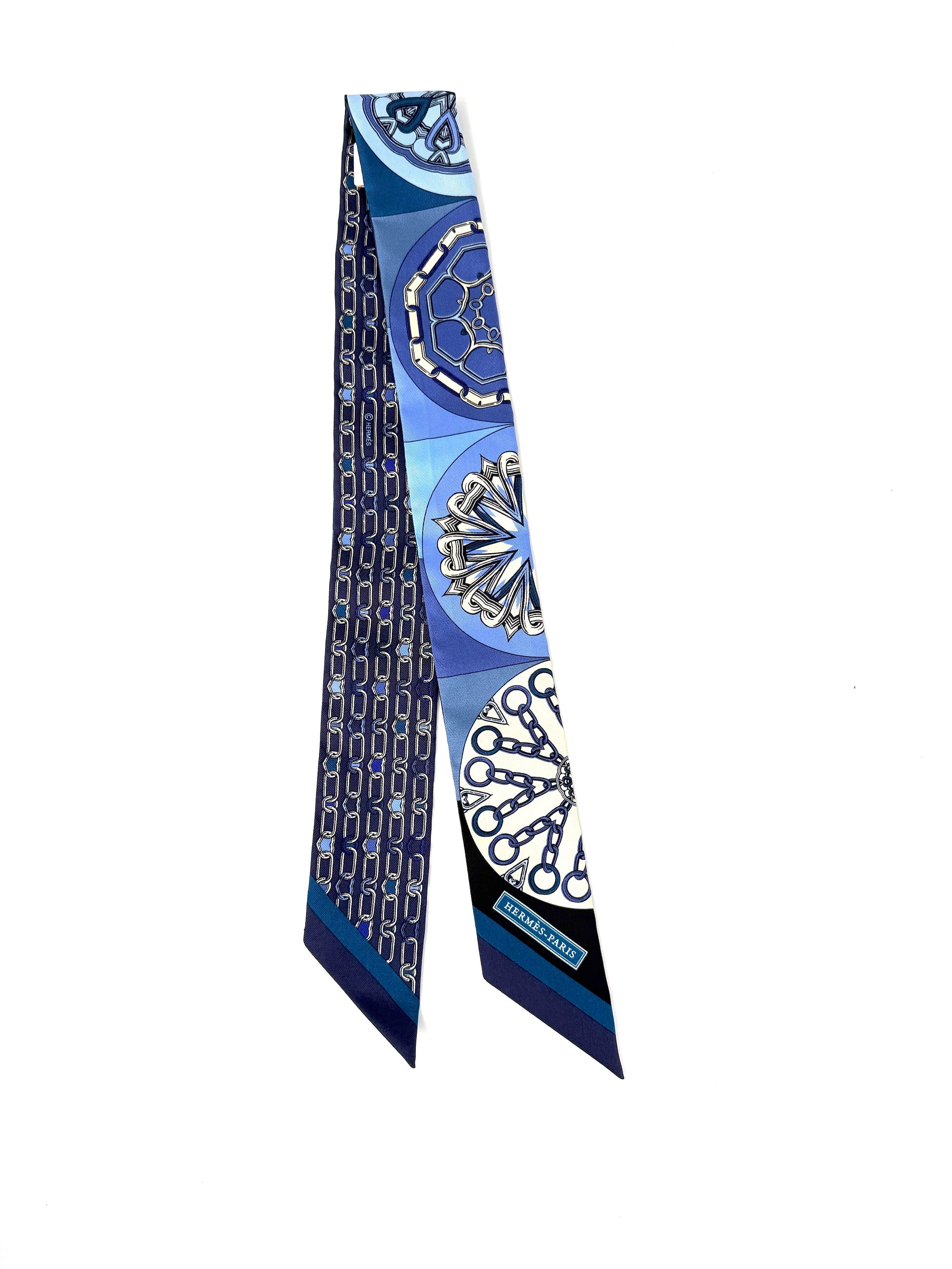 Hermes Effet Kaleidoscope Print Bleu Jean Creme Indigo Silk Twilly Scarf New