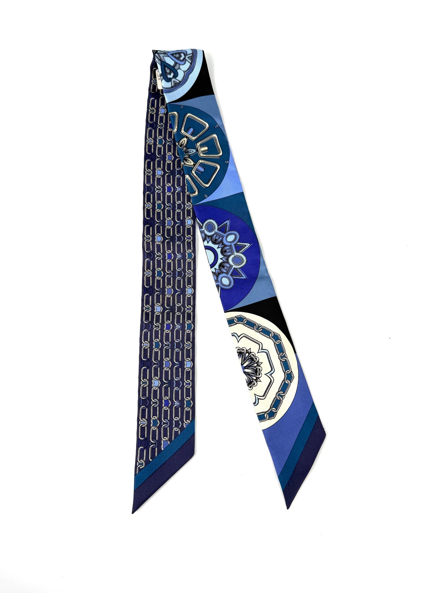 Hermes Effet Kaleidoscope Print Bleu Jean Creme Indigo Silk Twilly Scarf New