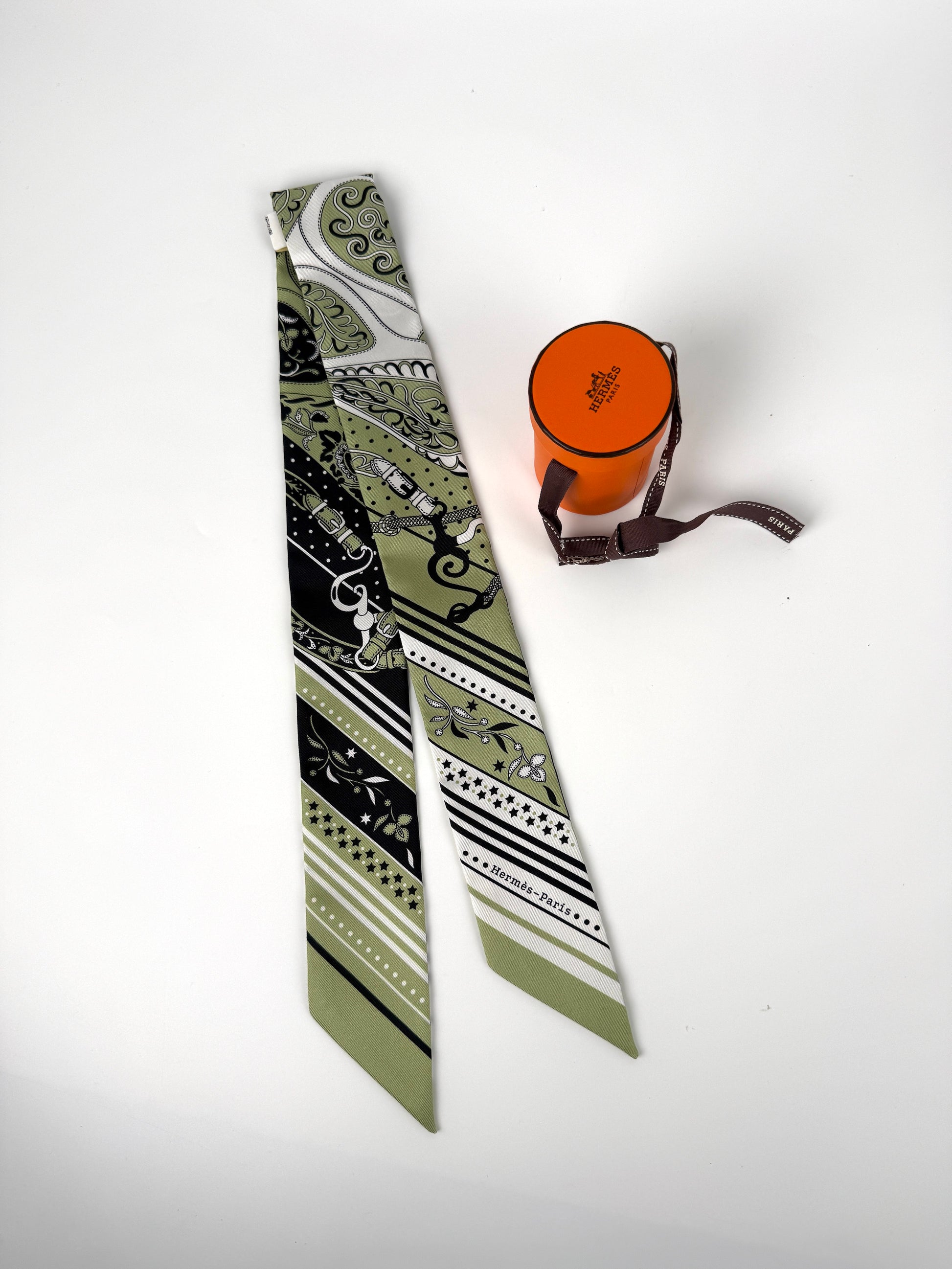 Hermes Festival des Amazones Print Pistachio Green White Black Silk Twilly Scarf New