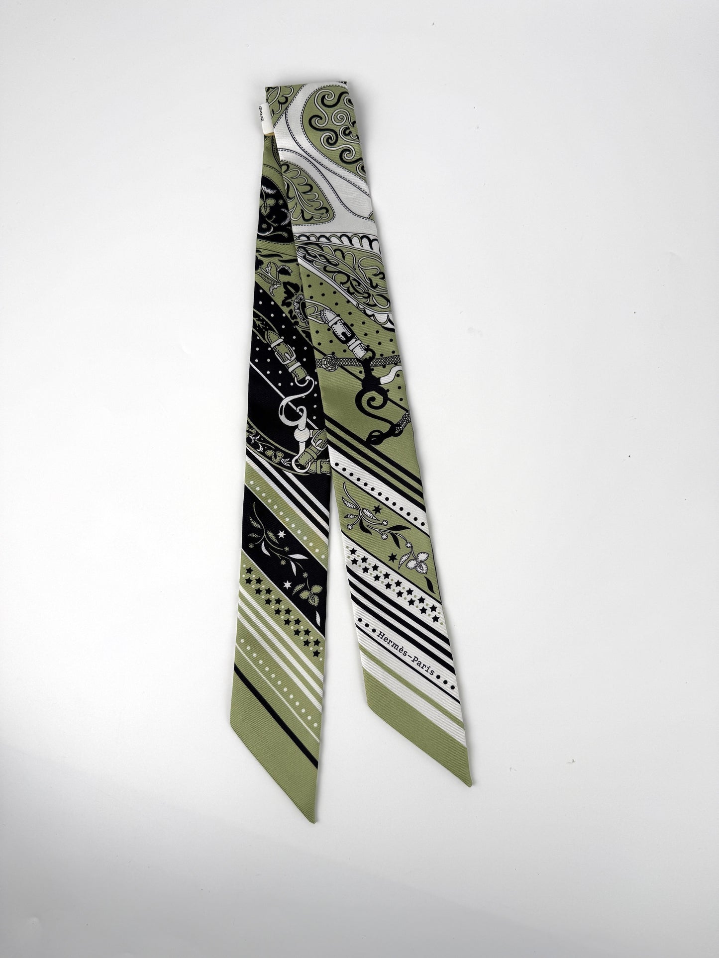 Hermes Festival des Amazones Print Pistachio Green White Black Silk Twilly Scarf New