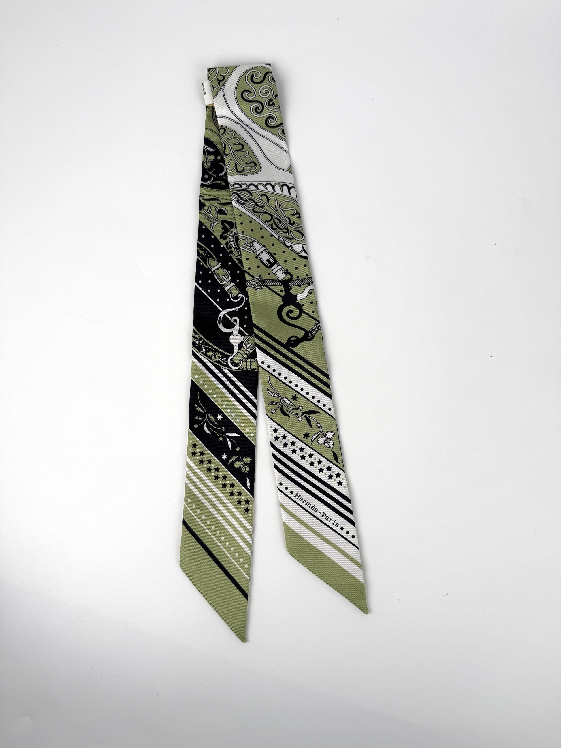 Hermes Festival des Amazones Print Pistachio Green White Black Silk Twilly Scarf New