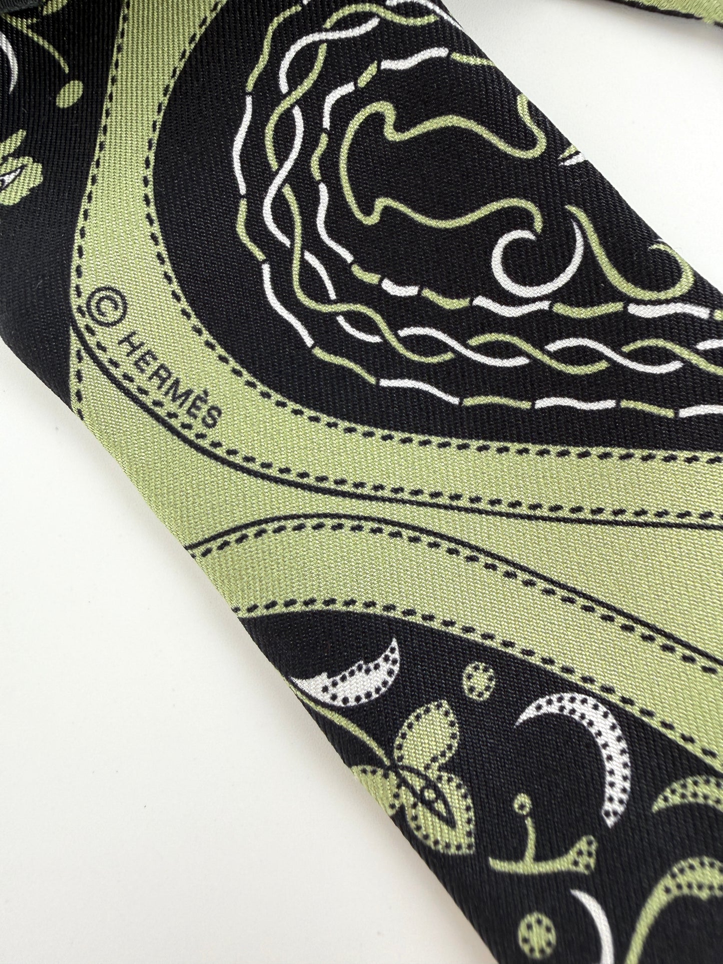 Hermes Festival des Amazones Print Pistachio Green White Black Silk Twilly Scarf New