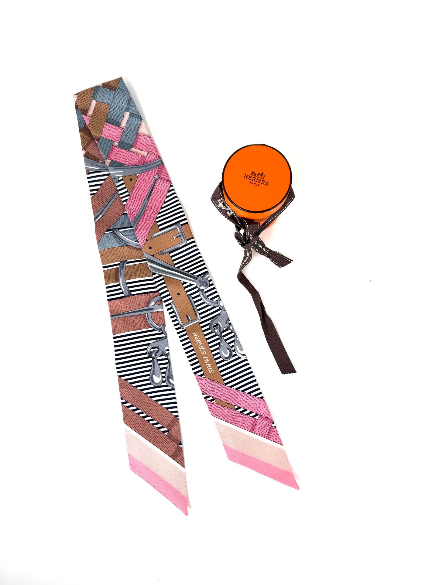 Hermes Mors a Jouets Chemise Print Vieux Rose Pink Gris Gray Camel Silk Twilly Scarf 