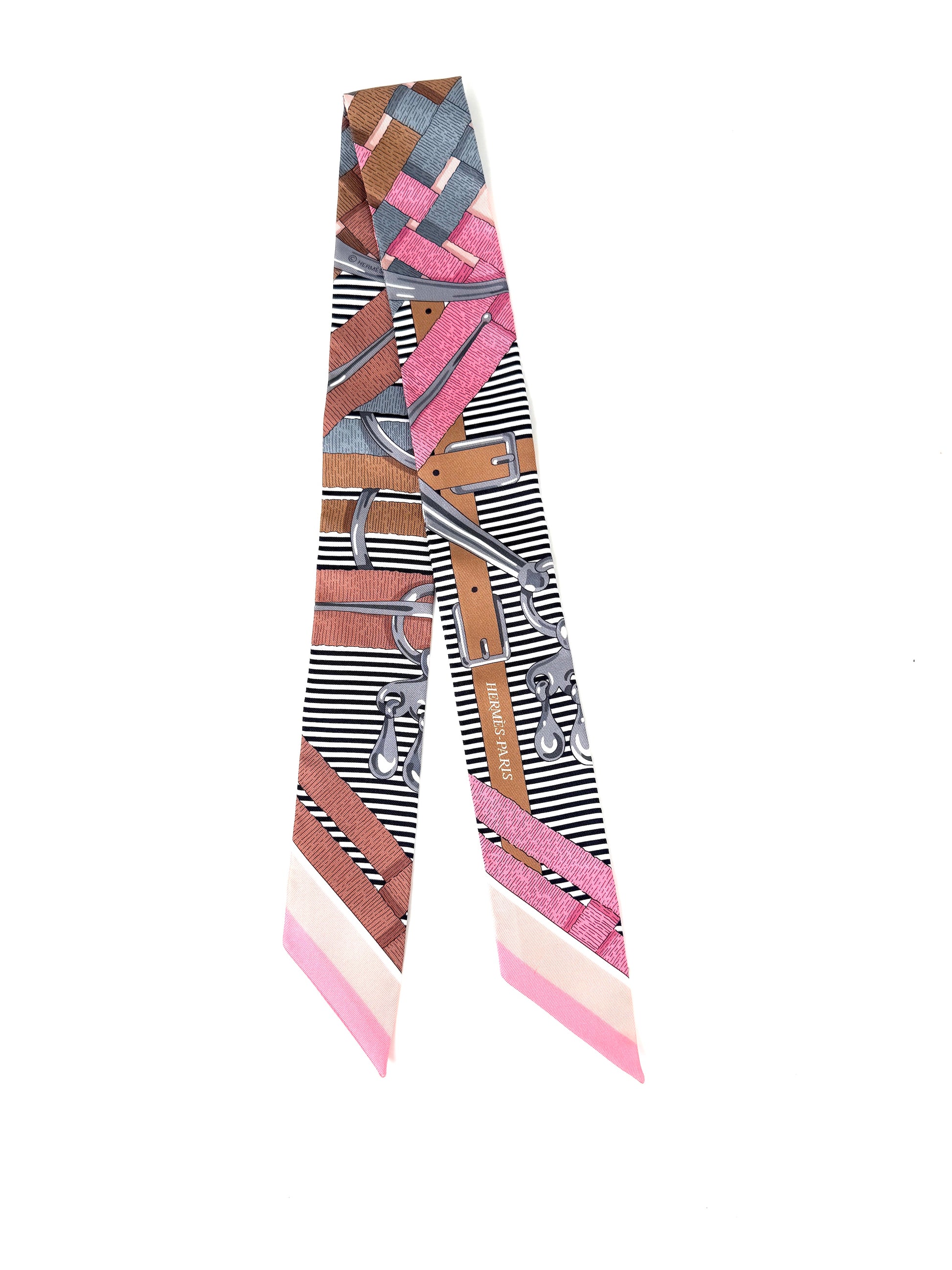 Hermes Mors a Jouets Chemise Print Vieux Rose Pink Gris Gray Camel Silk Twilly Scarf 