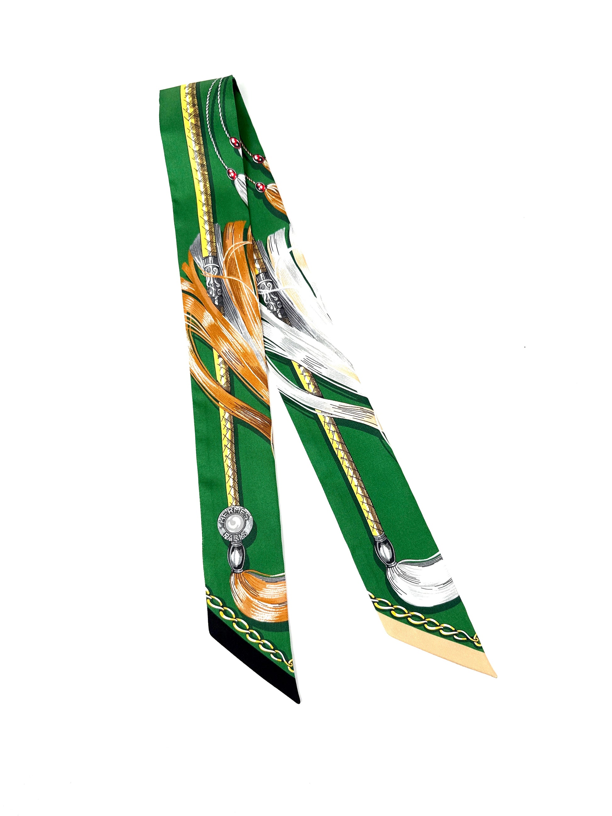 Hermes Cavalcades Print Emeraude Green Beige Dore Silk Twilly Scarf 
