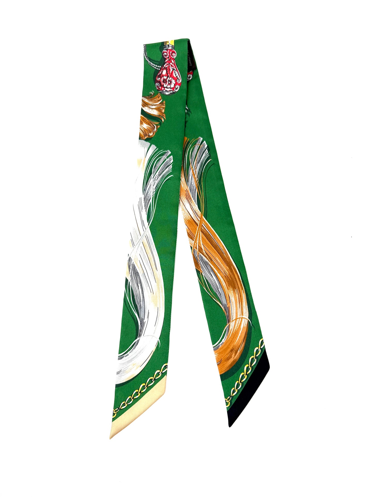 Hermes Cavalcades Print Emeraude Green Beige Dore Silk Twilly Scarf