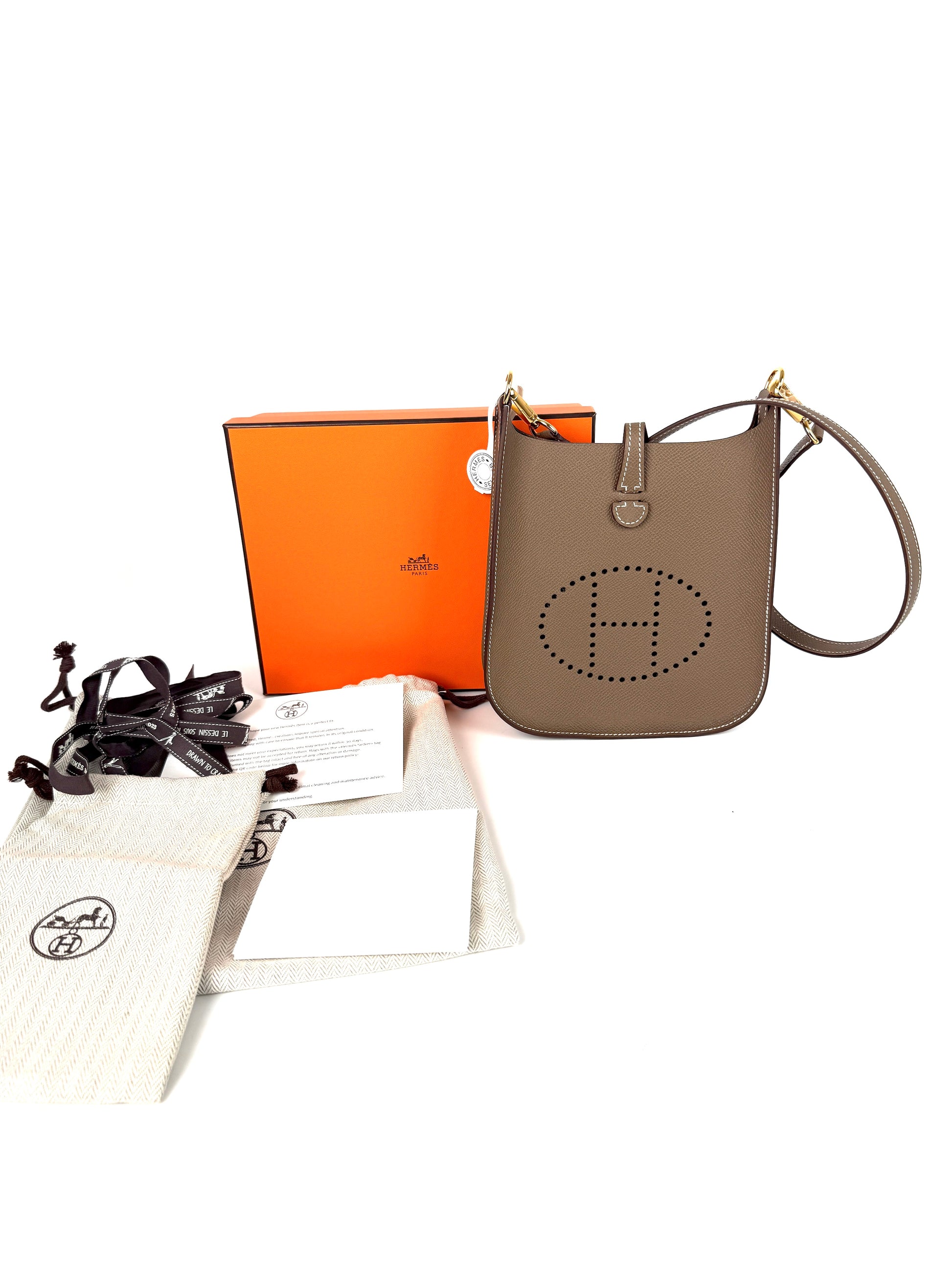New HERMES Mini Evelyne Sellier TPM 16 Etoupe Leather Crossbody Bag 