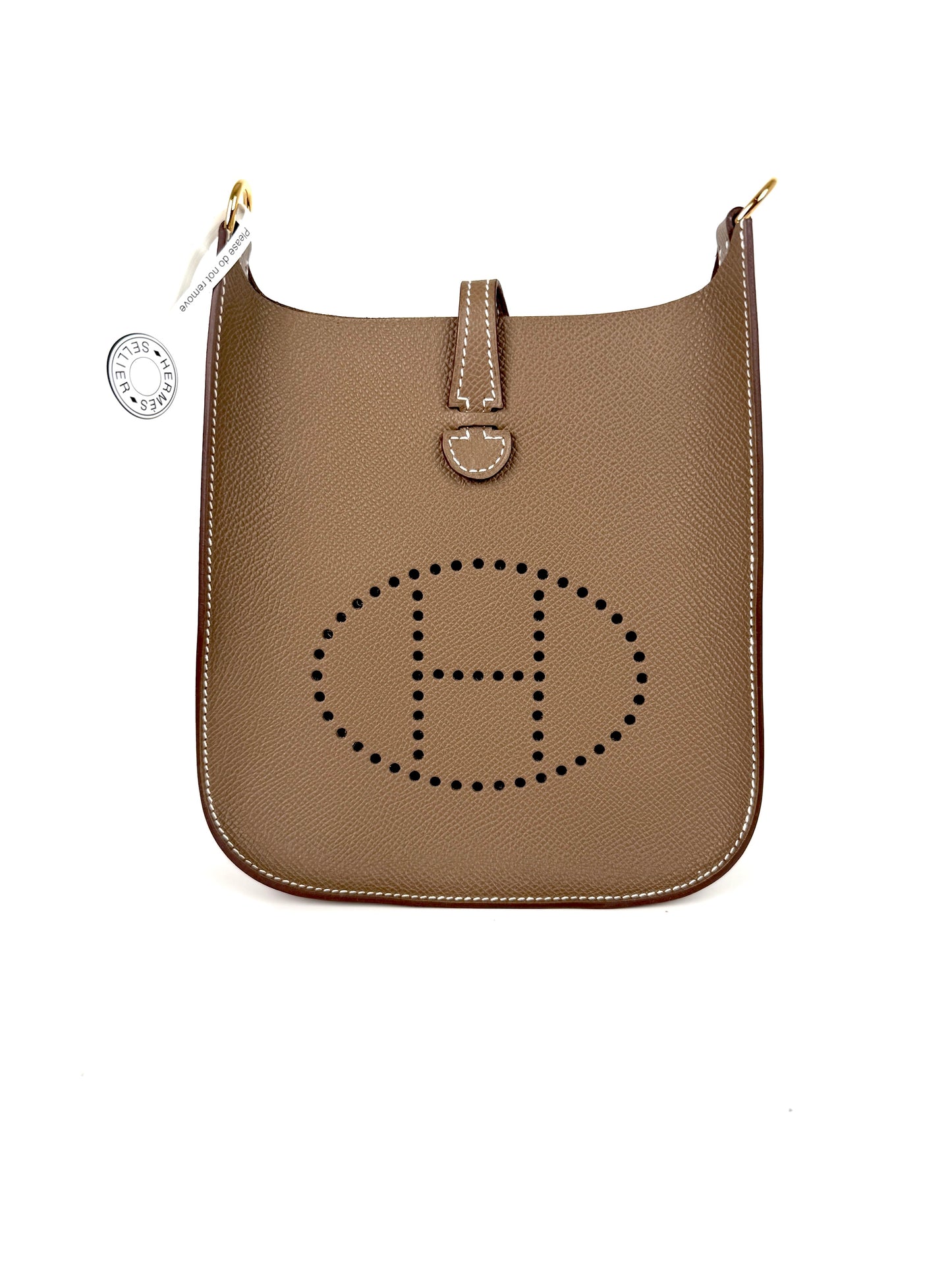 New HERMES Mini Evelyne Sellier TPM 16 Etoupe Leather Crossbody Bag